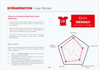 28
SCÉNARISATION - User Stories
Karim
MENSAH
21 ans, étudiant, célibataire
10
Grâce à La Coupe du Web, Karim peut
désormai...