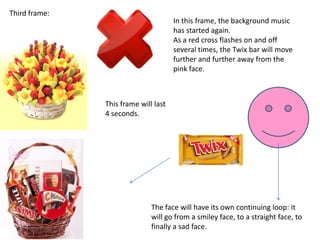Third frame:
                                      In this frame, the background music
                                      has started again.
                                      As a red cross flashes on and off
                                      several times, the Twix bar will move
                                      further and further away from the
                                      pink face.



               This frame will last
               4 seconds.




                              The face will have its own continuing loop: it
                              will go from a smiley face, to a straight face, to
                              finally a sad face.
 