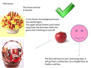 Fifth frame:
               This frame will last
               4 seconds.



                  In this frame, the background music
                  has started again.
                  The apple will go further and further
                  away from the pink face, while the
                  green tick is flashing on and off.




                                      The face will have its own continuing loop: it
                                      will go from a smiley face, to a straight face, to
                                      finally a sad face.
 
