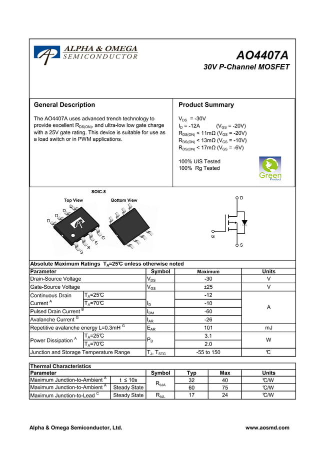 Original Mosfet Driver AO4407A 4407A 4407 SOP-8 New Alpha&Omega | PDF