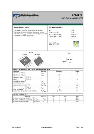 AO4419
30V P-Channel MOSFET
General Description Product Summary
VDS
ID (at VGS=-10V) -9.7A
RDS(ON) (at VGS=-10V) < 20mΩ
RDS(ON) (at VGS = -4.5V) < 35mΩ
100% UIS Tested
100% Rg Tested
Symbol
VDS
VGS
IDM
IAS, IAR
EAS, EAR
TJ, TSTG
Symbol
t ≤ 10s
Steady-State
Steady-State RθJL
°C
Thermal Characteristics
W
3.1
Maximum Junction-to-Ambient A
2TA=70°C
Junction and Storage Temperature Range -55 to 150
°C/W
RθJA
31
59
40
UnitsParameter Typ Max
V±20Gate-Source Voltage
Drain-Source Voltage -30
The AO4419 combines advanced trench MOSFET
technology with a low resistance package to provide
extremely low RDS(ON). This device is ideal for load switch
and battery protection applications.
V
Maximum UnitsParameter
Absolute Maximum Ratings TA=25°C unless otherwise noted
-30V
A
ID
-9.7
-7.8
-70
mJ
Avalanche Current C
36
A-27
TA=25°C
TA=70°C
Power Dissipation B
PD
Avalanche energy L=0.1mH C
Pulsed Drain Current C
Continuous Drain
Current
TA=25°C
Maximum Junction-to-Lead °C/W
°C/WMaximum Junction-to-Ambient A D
16
75
24
G
D
S
SOIC-8
Top View Bottom View
D
D
D
D
S
S
S
G
Rev 6: May 2011 www.aosmd.com Page 1 of 6
 