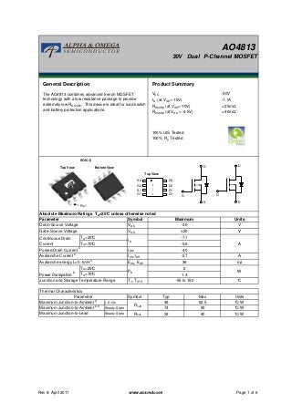 AO4813
30V Dual P-Channel MOSFET
General Description Product Summary
VDS
ID (at VGS=-10V) -7.1A
RDS(ON) (at VGS=-10V) < 25mΩ
RDS(ON) (at VGS = -4.5V) < 40mΩ
100% UIS Tested
100% Rg Tested
Symbol
VDS
VGS
IDM
IAS, IAR
EAS, EAR
TJ, TSTG
Symbol
t ≤ 10s
Steady-State
Steady-State RθJL
°C
Thermal Characteristics
W
2
1.3TA=70°C
Junction and Storage Temperature Range -55 to 150
UnitsParameter Typ Max
°C/W
RθJA
48
74
62.5Maximum Junction-to-Ambient A
V±20Gate-Source Voltage
mJ
Avalanche Current C
36
A-27
A
The AO4813 combines advanced trench MOSFET
technology with a low resistance package to provide
extremely low RDS(ON). This device is ideal for load switch
and battery protection applications.
V
Maximum UnitsParameter
Absolute Maximum Ratings TA=25°C unless otherwise noted
-30V
-7.1
-5.6
-40
Drain-Source Voltage -30
TA=25°C
TA=70°C
Power Dissipation B
PD
Avalanche energy L=0.1mH C
Pulsed Drain Current C
Continuous Drain
Current
TA=25°C
ID
Maximum Junction-to-Lead °C/W
°C/WMaximum Junction-to-Ambient A D
32
90
40
G
D
S
G1
S1
G2
S2
D1
D1
D2
D2
2
4 5
1
3
8
6
7
Top View
SOIC-8
Top View Bottom View
Pin1
G
D
S
Rev 9: April 2011 www.aosmd.com Page 1 of 6
 