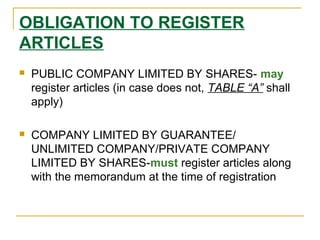 OBLIGATION TO REGISTER
ARTICLES
 PUBLIC COMPANY LIMITED BY SHARES- may
register articles (in case does not, TABLE “A” shall
apply)
 COMPANY LIMITED BY GUARANTEE/
UNLIMITED COMPANY/PRIVATE COMPANY
LIMITED BY SHARES-must register articles along
with the memorandum at the time of registration
 
