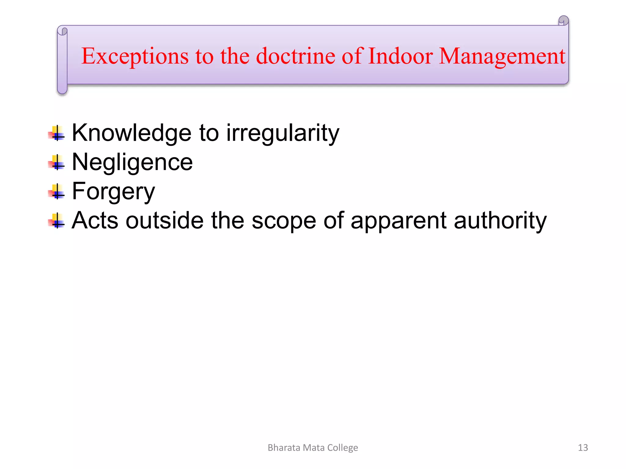 Exceptions to the doctrine of Indoor Management
Knowledge to irregularity
Negligence
Forgery
Acts outside the scope of apparent authority
13Bharata Mata College
 