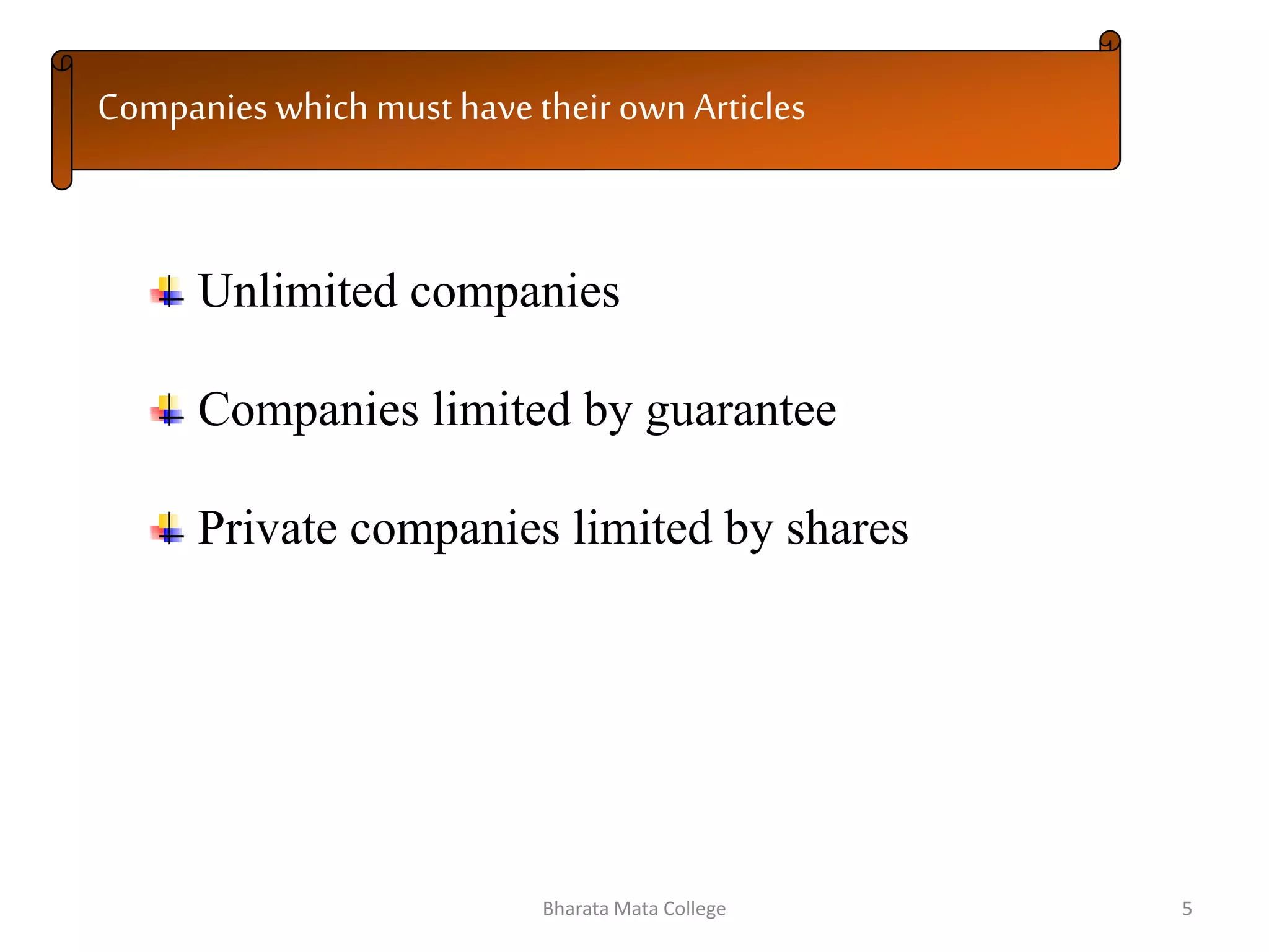 Companies which must have their own Articles
Unlimited companies
Companies limited by guarantee
Private companies limited by shares
5Bharata Mata College
 