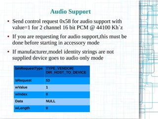 Audio Support
● Send control request 0x58 for audio support with
value=1 for 2 channel 16 bit PCM @ 44100 Kh`z
● If you are requesting for audio support,this must be
done before starting in accessory mode
● If manufacturer,model identity strings are not
supplied device goes to audio only mode
bmRequestType TYPE_VENDOR|
DIR_HOST_TO_DEVICE
bRequest 53
wValue 1
wIndex 0
Data NULL
wLength 0
 