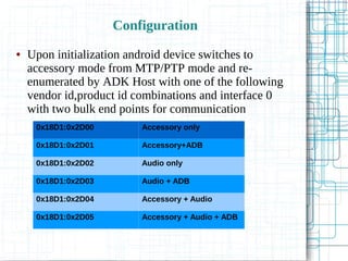 Configuration
0x18D1:0x2D00 Accessory only
0x18D1:0x2D01 Accessory+ADB
0x18D1:0x2D02 Audio only
0x18D1:0x2D03 Audio + ADB
0x18D1:0x2D04 Accessory + Audio
0x18D1:0x2D05 Accessory + Audio + ADB
● Upon initialization android device switches to
accessory mode from MTP/PTP mode and re-
enumerated by ADK Host with one of the following
vendor id,product id combinations and interface 0
with two bulk end points for communication
 