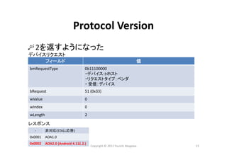 Copyright © 2012 Yuuichi Akagawa 13
Protocol Version
2を返すようになった
フィールド 値
bmRequestType 0b11100000 
・デバイス→ホスト
・リクエストタイプ：ベンダ
・ 受信：デバイス
bRequest 51 (0x33)
wValue 0
wIndex 0
wLength 2
デバイスリクエスト
レスポンス
‐ 非対応(STALL応答)
0x0001 AOA1.0
0x0002 AOA2.0 (Android 4.1以上)
 