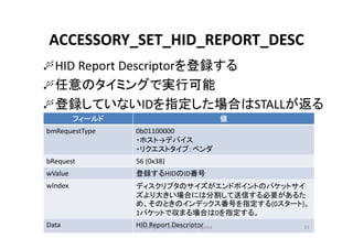 ACCESSORY_SET_HID_REPORT_DESC
HID Report Descriptorを登録する
任意のタイミングで実行可能
登録していないIDを指定した場合はSTALLが返る
フィールド 値
bmRequestType 0b01100000 
・ホスト→デバイス
・リクエストタイプ：ベンダ
bRequest 56 (0x38)
wValue 登録するHIDのID番号
wIndex ディスクリプタのサイズがエンドポイントのパケットサイ
ズより大きい場合には分割して送信する必要があるた
め、そのときのインデックス番号を指定する(0スタート)。
1パケットで収まる場合は0を指定する。
Data HID Report Descriptor 21Copyright © 2012 Yuuichi Akagawa
 