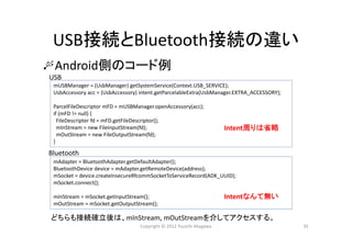 USB接続とBluetooth接続の違い
Android側のコード例
35Copyright © 2012 Yuuichi Akagawa
mAdapter = BluetoothAdapter.getDefaultAdapter();
BluetoothDevice device = mAdapter.getRemoteDevice(address);
mSocket = device.createInsecureRfcommSocketToServiceRecord(ADK_UUID);
mSocket.connect();
mInStream = mSocket.getInputStream();
mOutStream = mSocket.getOutputStream();
mUSBManager = (UsbManager) getSystemService(Context.USB_SERVICE);
UsbAccessory acc = (UsbAccessory) intent.getParcelableExtra(UsbManager.EXTRA_ACCESSORY);
ParcelFileDescriptor mFD = mUSBManager.openAccessory(acc);
if (mFD != null) {
FileDescripter fd = mFD.getFileDescriptor();
mInStream = new FileInputStream(fd);
mOutStream = new FileOutputStream(fd);
}
USB
Bluetooth
どちらも接続確立後は、mInStream, mOutStreamを介してアクセスする。
Intent周りは省略
Intentなんて無い
 