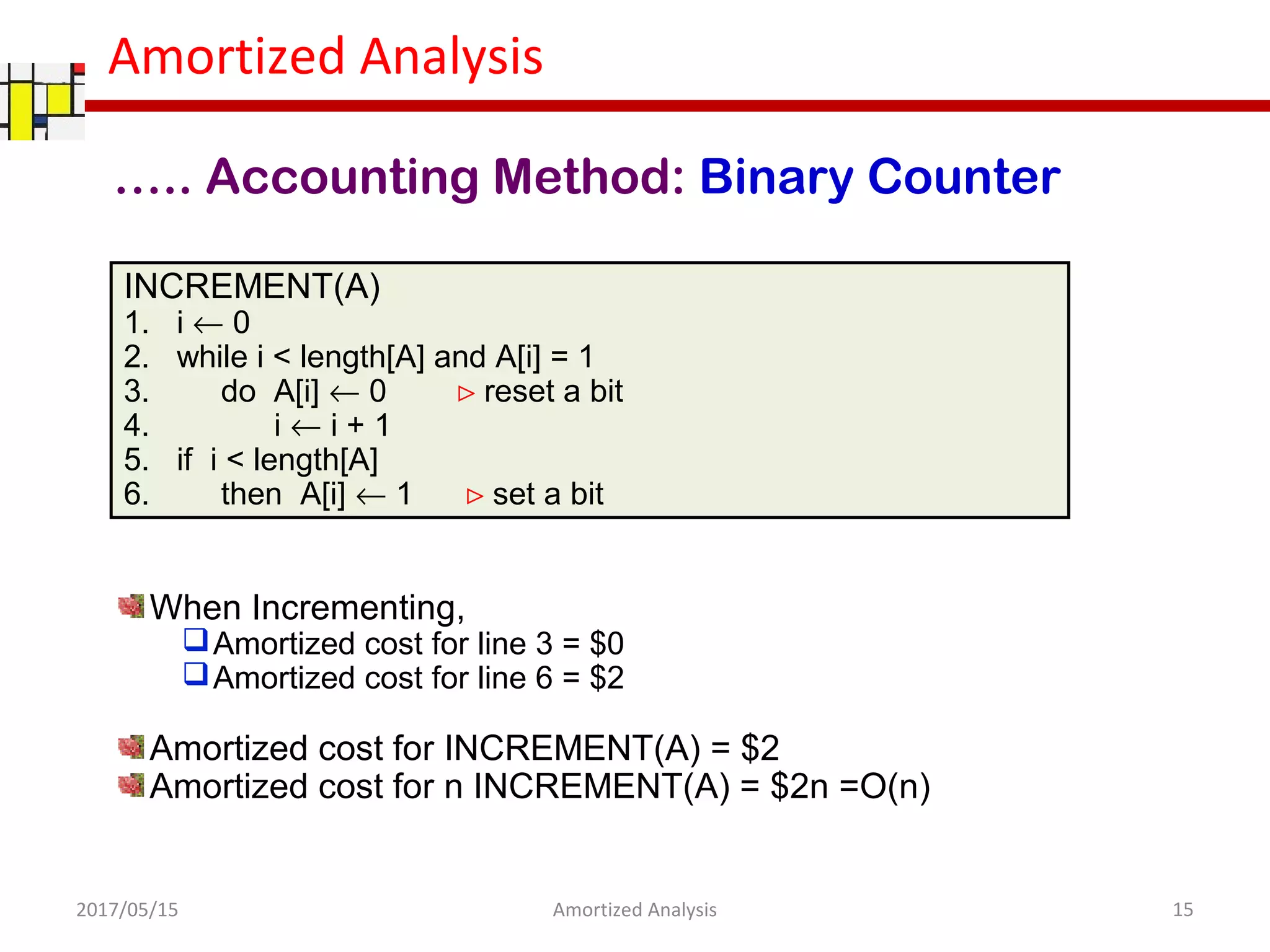 Amortized Analysis
When Incrementing,
Amortized cost for line 3 = $0
Amortized cost for line 6 = $2
Amortized cost for INCREMENT(A) = $2
Amortized cost for n INCREMENT(A) = $2n =O(n)
INCREMENT(A)
1. i ← 0
2. while i < length[A] and A[i] = 1
3. do A[i] ← 0 ⊳ reset a bit
4. i ← i + 1
5. if i < length[A]
6. then A[i] ← 1 ⊳ set a bit
….. Accounting Method: Binary Counter
2017/05/15 15Amortized Analysis
 