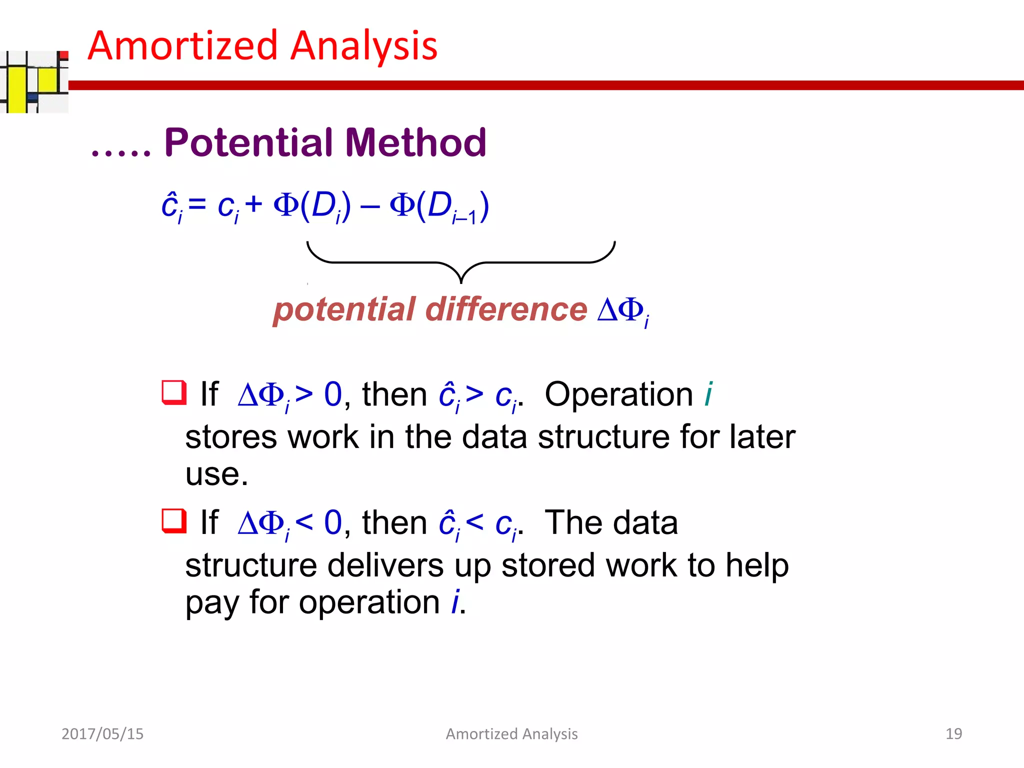 Amortized Analysis
ĉi = ci + Φ(Di) – Φ(Di–1)
potential difference ∆Φi
 If ∆Φi > 0, then ĉi > ci. Operation i
stores work in the data structure for later
use.
 If ∆Φi < 0, then ĉi < ci. The data
structure delivers up stored work to help
pay for operation i.
….. Potential Method
2017/05/15 19Amortized Analysis
 