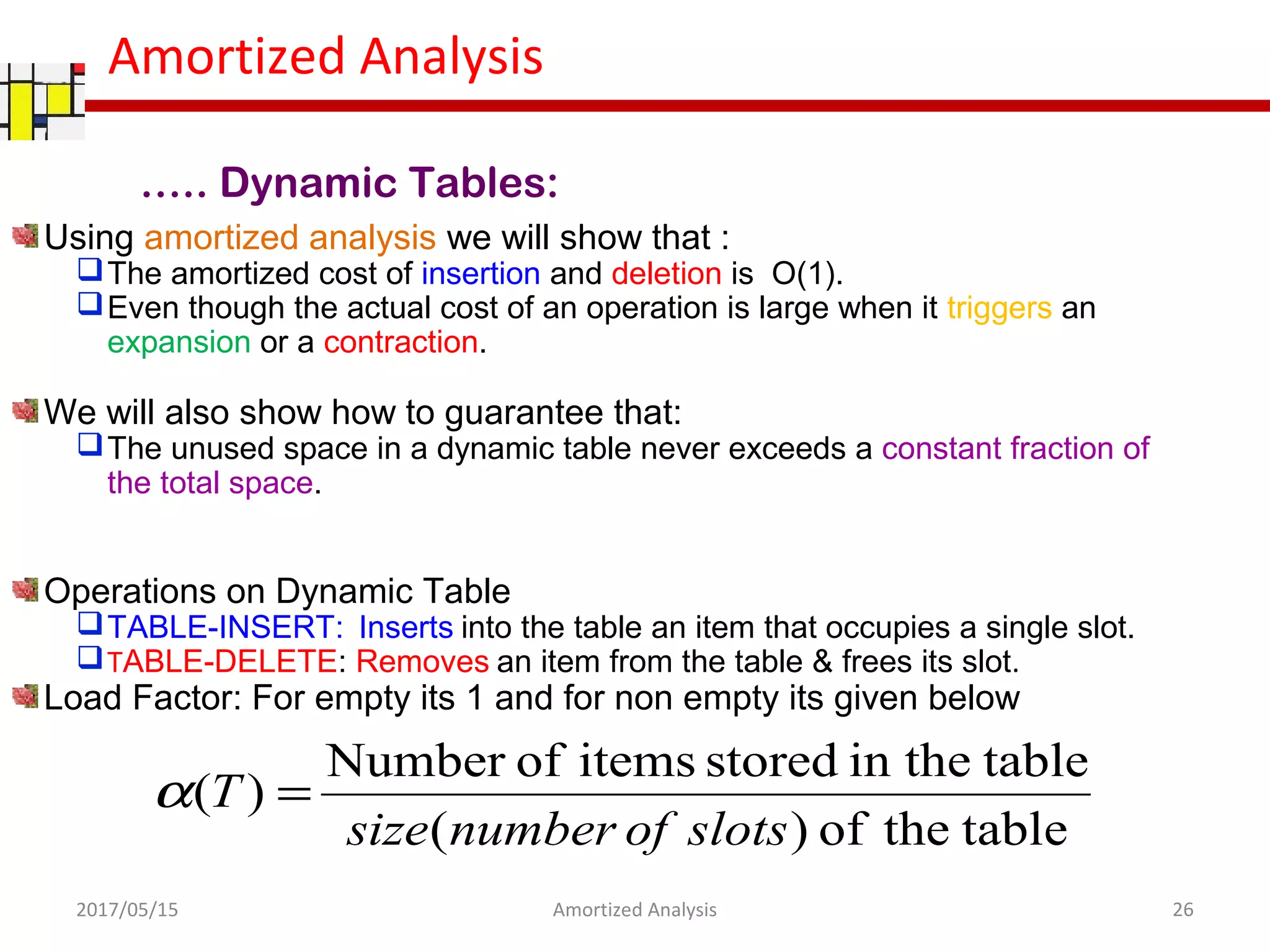 Amortized Analysis
Using amortized analysis we will show that :
The amortized cost of insertion and deletion is O(1).
Even though the actual cost of an operation is large when it triggers an
expansion or a contraction.
We will also show how to guarantee that:
The unused space in a dynamic table never exceeds a constant fraction of
the total space.
Operations on Dynamic Table
TABLE-INSERT: Inserts into the table an item that occupies a single slot.
TABLE-DELETE: Removes an item from the table & frees its slot.
Load Factor: For empty its 1 and for non empty its given below
….. Dynamic Tables:
2017/05/15 26Amortized Analysis
tabletheof)(
tablein thestoreditemsofNumber
)(
slotsofnumbersize
T =α
 