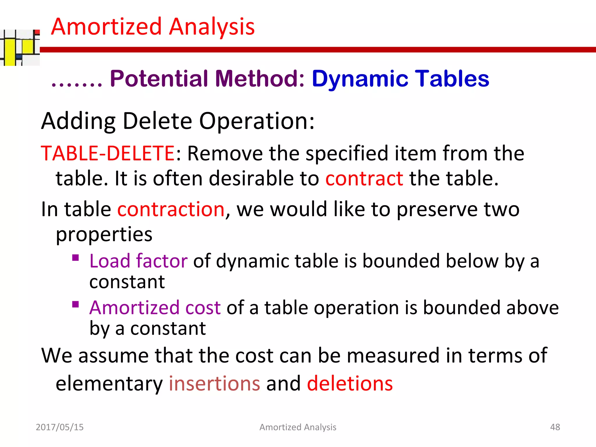 Amortized Analysis
Adding Delete Operation:
TABLE-DELETE: Remove the specified item from the
table. It is often desirable to contract the table.
In table contraction, we would like to preserve two
properties
 Load factor of dynamic table is bounded below by a
constant
 Amortized cost of a table operation is bounded above
by a constant
We assume that the cost can be measured in terms of
elementary insertions and deletions
2017/05/15 48Amortized Analysis
……. Potential Method: Dynamic Tables
 