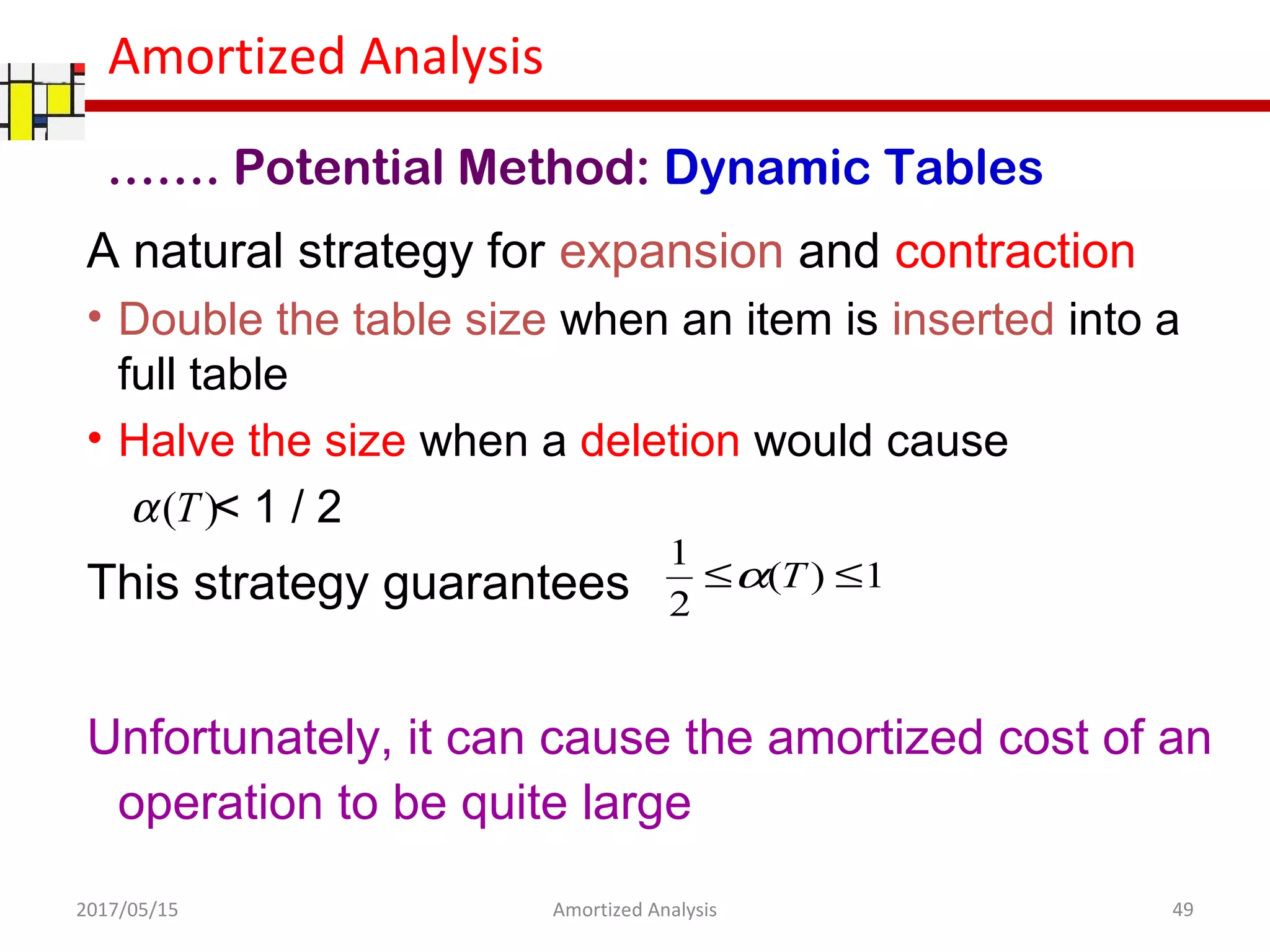 Amortized Analysis
A natural strategy for expansion and contraction
• Double the table size when an item is inserted into a
full table
• Halve the size when a deletion would cause
< 1 / 2
This strategy guarantees
Unfortunately, it can cause the amortized cost of an
operation to be quite large
2017/05/15 49Amortized Analysis
……. Potential Method: Dynamic Tables
)(Tα
1)(
2
1
≤≤ Tα
 