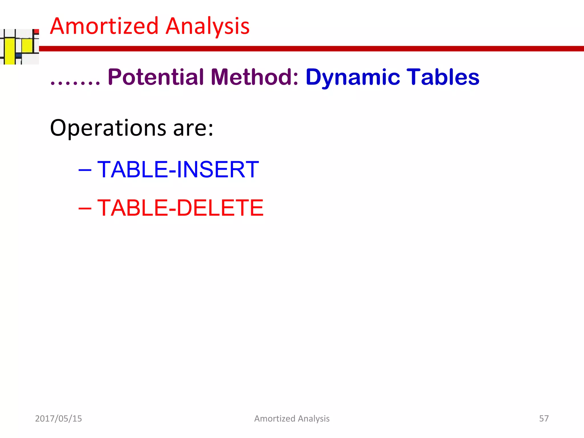 Amortized Analysis
2017/05/15 57Amortized Analysis
……. Potential Method: Dynamic Tables
Operations are:
– TABLE-INSERT
– TABLE-DELETE
 