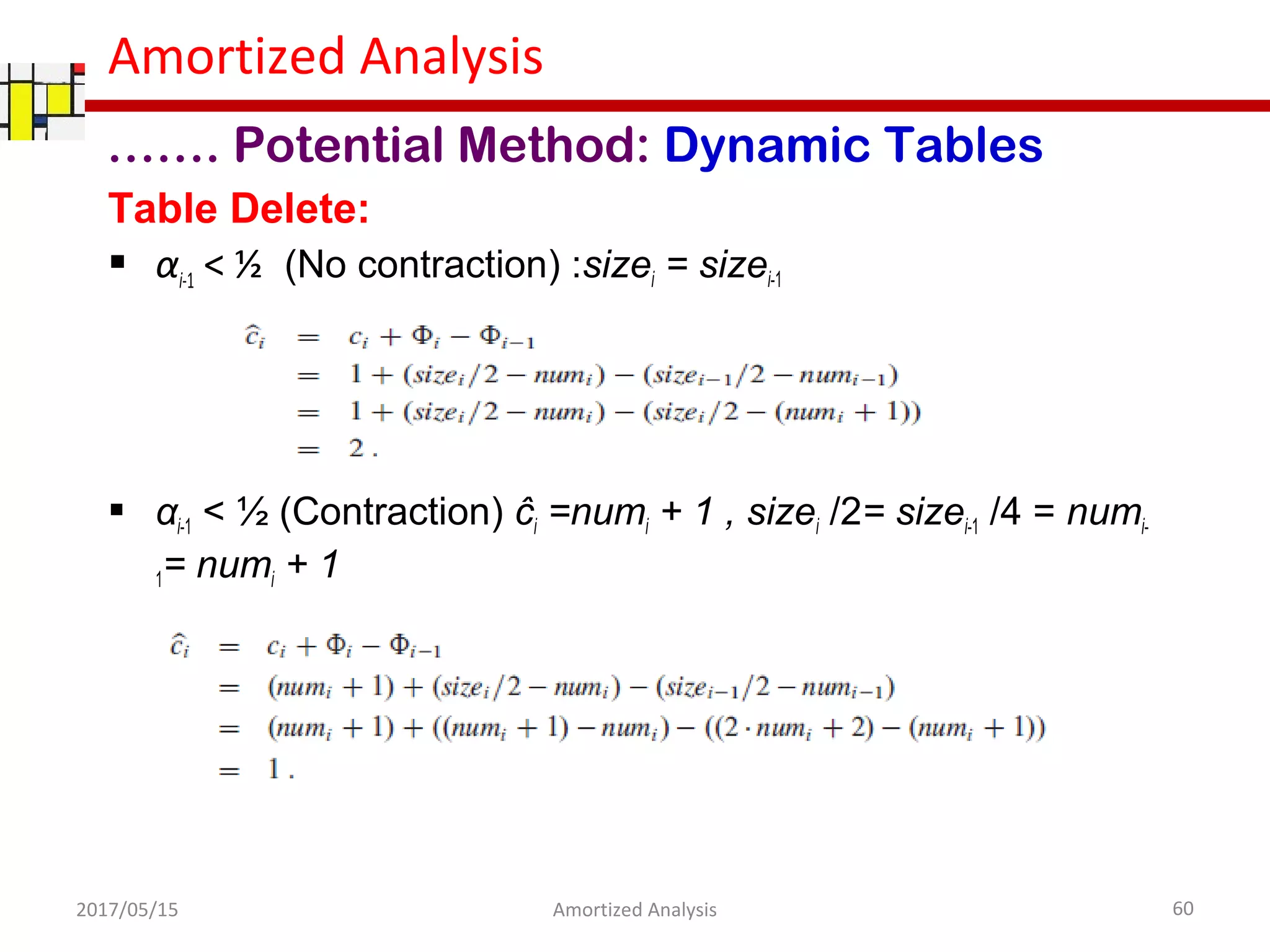 Amortized Analysis
2017/05/15 60Amortized Analysis
……. Potential Method: Dynamic Tables
Table Delete:
 αi-1 < ½ (No contraction) :sizei = sizei-1
 αi-1 < ½ (Contraction) ĉi =numi + 1 , sizei /2= sizei-1 /4 = numi-
1= numi + 1
 