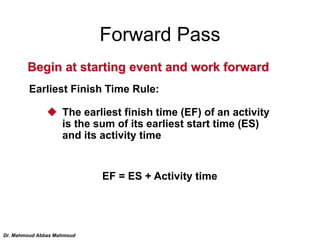Forward Pass
Begin at starting event and work forward
Earliest Finish Time Rule:
 The earliest finish time (EF) of an act...
