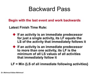 Backward Pass
Begin with the last event and work backwards
Latest Finish Time Rule:
 If an activity is an immediate prede...