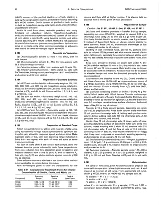 92 6. PESTICIDE FORMULATIONS AOAC METHODS (1980)
(HEOD) content of the purified dieldrin or of tech. dieldrin is
detd by IR, using baseline technic, and dieldrin is calcd assuming
85% HEOD content. Endrin content of purified or tech. endrin
is detd as hexachloro-epoxy-octa-hydro-endo,endo-dimethan-
onaphthalene similarly.
Aldrin is extd from dusts, wettable powders, and inorg.
fertilizers on adsorbent column. Hexachloro-hexahydro-
endo,exo-dimethanonaphthalene (HHDN) content of the ext or
of tech. aldrin is detd by IR, using baseline technic, and aldrin
is calcd assuming 95% HHDN content. Method is not applicable
to emulsifiable concs or granules contg petroleum hydrocarbon
solvs or to mixts contg other common pesticides or adjuvants
that absorb in same wavelength region as HHDN.
6.183 Reagents and Apparatus
(a) Chromatographic solvent A.-Mix 1 vol. CHCI3 with 19
vols hexane.
(b) Chromatographic solvent B.-Mix 1.5 vols acetone with
98.5 vols chromtgc solvent A.
(c) Extraction solvent.-Mix 1 vol. acetone with 19 vols CS2•
(d) Infrared spectrophotometer.-With sealed liq. cells with
NaCI windows, having optical path length of ca 0.1 mm (dieldrin
and endrin) and 0.2 mm (aldrin).
6.184 Preparation of Standard Solutions
(a) HEOD std soln for dieldrin.-Accurately weigh ca 100,200,
300, 400, 500, and 600 mg std hexachloro-epoxy-octahydro-
endo,exo-dimethanonaphthalene (HEOD) into 10 mL vol. flasks,
dissolve in CS2, and dil. to vol. Concns will be 1, 2, 3, 4, 5, and
6 gl100 mL, resp.
(b) Std soln for endrin.-Accurately weigh ca 50, 100, 150,
200, 300, and 400 mg std hexachloro-epoxy-octahydro-
endo,endo-dimethanonaphthalene (endrin) into 10 mL vol.
flasks, dissolve in CS2, and dil. to vol. Concns will be 0.5, 1.0,
1.5,2.0,3.0, and 4.0 gl100 mL, resp.
(c) HHDN std soln for aldrin.-Accurately weigh ca 100, 150,
200, 250, 300, and 350 mg std hexachloro-hexahydro-endo,exo-
dimethanonaphthalene (HHDN) into 10 mL vol. flasks, dissolve
in CS2, and dil. to vol. Concns will be 1.0, 1.5, 2.0, 2.5, 3.0, and
3.5 gl100 mL, resp.
6.185 Preparation of Standard Curve
Fill 0.1 mm cell (0.2 mm for aldrin) with most dil. of stds solns,
using hypodermic syringe. Adjust spectrophtr to optimum set-
tings for gain, slit width, response, speed, and drum drive. Make
duplicate scans of CS2 soln over scanning range indicated in
Table 6:01 and repeat with each of other std solns at same
instrument settings.
For each of scans of the 6 std solns of each compd, draw line
between baseline points indicated in table. Draw perpendicular
from zero radiation line thru absorption peak to baseline and
measure distance from 0 line to peak, P, and to baseline Po.
Calc. A (= log PoIP) and plot as ordinate against concn in g/100
mL as abscissa.
Since std curve intersects abscissa at pos. concn value, method
is not applicable to concns below this value.
Peak wavelengths given in table are characteristic for low
Table 6:01 Characteristic Wavelength Points for Infrared
Determination of Dieldrin, Endrin, and Aldrin, J.Lm
Scanning Baseline Peak at
Compound Range Points Low Concn
HEOD 11.59-12.18 11.64,12.18 11.80
Endrin 11.43-12.04 11.50,11.97 11.76
HHDN 11.79-12.24 11.85, 12.24 12.01
concns and they shift at higher concns. P is always detd as
distance from 0 line to point of max. absorption.
6.186 Preparation of Sample
(Caution: See 51.011, 51.041, 51.046, 51.056, and 51.061.)
(a) Dusts and wettable powders.-Transfer 3-20 g sample,
depending on concn (75--0.5%), weighed to nearest 0.01 g, to
chromatgc tube contg 25-50 mm (ca 5.5 g) Hyflo Super-Cel.
(For finely divided dieldrin or endrin powder, use 3 9 activated
C instead of Super-Cel.) Tamp or vibrate column slightly to
settle contents. Place 250 mL wide-mouth erlenmeyer or 500
mL evapg dish under tip of column.
Working in well ventilated hood, add 50 mL portions extn
solv. to column (if S is present, ext with acetone instead of extn
solv.), letting soIv. percolate thru column between addns, until
150 mL ext collects. Rinse tip of column with addnl 10 mL extn
solv.
Evap. solv. almost to dryness on steam bath under N. Dry
HEOD or HHDN residues 15 min at 75°; dry endrin in vac. oven
15 min at 30° and 10 mm pressure. (Extd endrin may no longer
be associated with its inhibitors. Residue must not be exposed
to elevated temps and must be dissolved promptly to avoid
decomposition.)
Cool residue and dissolve in few mL CS2• Quant. transfer to
vol. flask of such size (5-100 mL) as to give optimum concn of
3 g HEOD, 2 g endrin, or 2 g HHDN/l00 mL, dil. to vol. with CS2,
and mix thoroly. If soln is cloudy from H20, add little NaCI,
shake, and let settle.
(b) Granules containing dieldrin or endrin.-Slurry 40 g Flo-
risil in 200 mL beaker with 100 mL hexane. Transfer to chromatgc
column with stream of hexane from wash bottle. Eliminate any
bubbles or voids by vibration or agitation. Let hexane drain until
only 2-3 mm layer remains above surface of column. Add small
layer of Na2SO. to top of column.
Transfer 2-10 g finely ground sample, depending on concn
(10-1%), to prepd column. Rinse down column walls with three
10 mL portions chromatgc solv. A, letting each portion enter
column before adding next. Add 170 mL chromatgc soIv. A, let
percolate thru column, and discard.
Gently flow 10 mL chromatgc soIv. B down walls of tube,
avoiding disturbing surface of adsorbent. After solv. sinks into
column, repeat washing with 2 addnl 10 mL portions. Add 220
mL chromatgc solv. B and let flow at rate of 2-5 mL/min,
collecting eluate in 500 mL wide-mouth erlenmeyer or evapg
dish. Evap. solv. to dryness on steam bath, avoiding spattering,
and proceed as in (a), using 5-10 mL vol. flask.
(c) Emulsifiable concentrates and solns. -Weigh 1.5 g dieldrin
conc. (1.5 Ib/gal.), 1.0 g endrinconc. (1.6 Ib/gal.), or 30.0 g 0.5%
dieldrin soln, and add 5 mL hexane. Transfer to prepd column
and proceed as in (b).
(d) Technical materials.-Transfer sample contg 1.75-4.00 g
dieldrin, 1.50-3.00 g endrin, or 1.00-2.00 g aldrin, weighed to
0.01 g, to 100 mL vol. flask. Dissolve in CS2 and dil. to vol. with
CS2•
6.187 Determination
Fill same 0.1 mm cell (0.2 mm for aldrin) used for prepn of std
curve with sample soln. Make duplicate scans, and calc. A and
mean A as in prepn of std curve. From appropriate std curve,
obtain g HEOD, endrin, or HHDN/l00 mL sample soln, W.
% dieldrin = W x V x 1.175IS;
% endrin = W x VIS;
% aldrin = W x V x 1.053/S;
where V = mL sample soln; S = 9 sample; 1.175 and 1.053 =
conversion factors HEOD to dieldrin and HHDN to aldrin, resp.
 