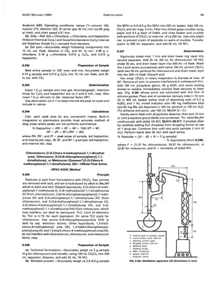 AOAC METHODS (1980) DIMETHYLUREAS 99
Anakrom AS5. Operating conditions: temps (O)-column 165,
injector 215, detector 220; N carrier gas 30 mL/min (ca 80 psig
at inlet); and chart speed 0.5"/min.
(b) Stds.-Ref. 5td a-Chlordane, y-Chlordane, and Heptachlor
(Velsicol Chemical Corp.) and hexachlorobenzene (C6CI6 ) internal
std (Eastman Kodak Co.), recrystd from benzene.
(e) Std so/n.-Accurately weigh following components into
10 mL vol. flask, dissolve in C52, and dil. to vol.: 0.48 g a-
chlordane, 0.18 g y-chlordane, 0.010 g C6C16, and 0.010 g
heptachlor.
6.242 Preparation of Sample
Melt entire sample in 100° oven and mix. Accurately weigh
0.73 g sample and 0.010 g C6CI6 into 10 mL vol. flask, and dil.
to vol. with C52 •
6.243 Determination
Inject 1.5 /-tL sample soln into gas chromatograph; retention
times for C6CI6 and heptachlor are ca 2 and 4 min, resp. Also
inject 1.5 /-tL std soln to det. response factor (RF).
Use attenuation (ca 2 x) to keep internal std peak on scale and
include in calcns.
6.244 Calculations
Calc. each peak area by any convenient means. Built-in
integrators or planimeters provide most accurate method of
detg areas where peaks are not perfectly symmetrical.
% Heptachlor = (PH x RF x WI x 100)/(PI x W)
RF = (PI x W')/(PH' x WI),
where PH, PH', and PI = peak areas of sample, std heptachlor,
and internal std, resp.; W, W', and W/ = g sample, std heptachlor,
and internal std, resp.
Chlorotoluron [3-(3-Chloro-4-methylphenyl)-1,1-dimethyl-
urea), Chloroxuron [3-[4-(4-chlorophenoxy)phenyl)-1,1-
dimethylurea), or Metoxuron (Dosanex@1[3-(3-Chloro-4-
methoxyphenyl)-1,1-dimethylurea) (65)-Official Final Action
CIPAC-AOAC Method
6.245 Principle
Pesticide is extd from formulations with CH2CI" free amines
are removed with acid, and ext is hydrolyzed by alkali to Me,NH
which is distd and titrd. Related byproducts, 3-(3-chloro-4-meth-
ylphenyl)-l-methylurea (I), 3-(4-methylphenyl)-1, l-dimethylurea
(II) (from chlorotoluron), 3-[4-(4-chlorophenoxy)phenyl)-1-meth-
ylurea (III) and 3-(4-chlorophenyl)-1,1-dimethylurea (IV) (from
chloroxuron), and 3-(3,4-dichlorophenyl)-1,1-dimethylurea (V),
3-(3-chloro-4-hydroxyphenyl)-1,1-dimethylurea (VI), and 3-(4-
methoxyphenyl)-l,l-dimethylurea (VII) (from metoxuron), which
may interfere, are detd by semiquant. TLC. Limit of detection
for TLC is 0.1 % for each byproduct. On same TLC plate for
chloroxuron, free amine 4-(4-chlorophenoxy)aniline (VIII) is
detd by sep. detection technic. Other byproducts, 1,3-bis(3-
chloro-4-methylphenyl) urea (IX), 1,3-bis[4-(chlorophenoxy)-
phenyl) urea (X), and 1,3-bis(3-chloro-4-methoxyphenyl) urea (XI),
do not interfere with chlorotoluron, chloroxuron, and metoxuron
detns, resp.
6.246 Preparation of Sample
(a) Technical formulation.-Accurately weigh ca 3 g sample
(4 g for chloroxuron) and transfer, using 100 mL CH2CI2, into 250
mL separator, dissolve, and add 50 mL IN HCI.
(b) Wettable powder.-Accurately weigh ca 3.5-4.0 g sample
(for 80%) or 6.0-6.5 g (for 50%) into 200 mL beaker. Add 100 mL
CH,CI, and stir mag. 5 min. Filter thru fritted glass crucible contg
paper and 0.5 g layer of Celite, and rinse beaker and crucible
with portions of CH,CI2 to total vol. of ca 200 mL. Use only slight
vac. to prevent crystn of pesticide on walls of crucible. Transfer
quant. to 500 mL separator, and add 50 mL IN HCI.
6.247 Determination
Vigorously shake mixt. 1 min and drain lower org. layer into
second separator. Add 25 mL (50 mL for chloroxuron) IN HCI,
shake 30 sec, and drain lower layer into 500 mL rob flask. Wash
the 2 acid layers successively with same 100 mL portion CH2CI2
(with two 50 mL portions for chloroxuron) and drain lower layer
into the 500 rob flask. Discard acid.
Vac.-evap. CH2CI2 in rotary evaporator to dryness at max. of
40°. Remove all solv. to prevent interference in subsequent titrn.
Add 100 mL propylene glycol, 40 g KOH, and some boiling
stones to residue. Immediately connect flask securely to distn
app. (Fig. 6:06) whose joints are lubricated with thin film of
silicone grease. Place end of condenser delivery tube (~10 mm
id) in 400 mL beaker below level of absorbing soln of 0.2 g
H3B03 and 1 mL mixed indicator soln (40 mg methylene blue
and 60 mg Me red dissolved in 100 mL alcohol) in 150 mL H20.
(To enhance end point, use 150 mL MeOH (2+1).)
Gently warm flask until all particles dissolve; then boil 10 min
or until propylene glycol distils into condenser. Titr. distd Me,NH
continuously with stdzd IN HCI, 50.011-50.017. Complete distn
by carefully adding H,O dropwise from dropping funnel at rate
of 1 drop/sec. Continue titrn until end point persists 2 min (V
mL). Perform blank detn (B mL) with each series.
% Pesticide = [(V - B) x N x F/g sample)
- % byproducts (from 6.248),
where F = 21.27 for chlorotoluron, 29.07 for chloroxuron, or
22.87 for metoxuron, and N = normality of stdzd HCI.
a heating bath or heating mantle
b round bottom flask (500 mil
distilling column, plain
dropping funnel (250 mil
e distilling head
f distilling bridge
allihn condenser
beaker (400 mil
I magnetic stirrer
FIG. 6:06-Distillation apparatus (all dimensions in mm)
 