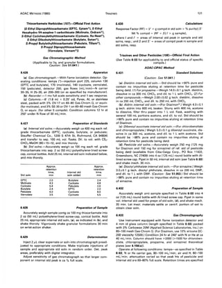 AOAC METHODS (1980) TRIAZINES 121
Thiocarbamate Herbicides (1071-0fficial First Action
(S-Ethyl Dipropylthiocarbamate (EPTC, Eptam®I, S-Ethyl
Hexahydro-1H-azepine-1-carbothioate (Molinate, Ordram®1.
S-Ethyl Cyclohexylethylthiocarbamate (Cycloate, Ro-Neet®I,
S-Ethyl Diisobutylthiocarbamate (Butylate, Sutan®),
S-Propyl Butylethylthiocarbamate (Pebulate, Tillam®I,
S-Propyl Dipropylthiocarbamate
6.426
(Vernolate, Vernam®))
Gas Chromatographic Method
(Applicable to liq. and granular formulations.
Caution: See 51.041.)
Apparatus
(a) Gas chromatograph.-With flame ionization detector. Op-
erating conditions: temps (O)-injection port 225, column 130
(EPTC and butylate). 170 (molinate), 140 (cycloate, vernolate),
150 (pebulate). detector 250; gas flows (mL/min)-N carrier
30--35, H 25-30, air 200--300 (or as specified by manufacturer).
(b) Recorder.-1 mv full scale sensitivity and 1 sec response.
(c) Columns.--6' (1.8 m) x 0.25" od, Pyrex, AI, or stainless
steel, packed with 3% OV-17 on 60--80 Gas-Chrom Q, or equiv.
(for mol inate). and 3% SE-30 or OV-1 on 60--80 mesh Gas-Chrom
Q, or equiv. (for other 5 compds). Condition columns 12 hr at
250° under N flow of 30 mL/min.
6.427 Preparation of Standards
(a) Internal std solns.-Accurately weigh ca 400 mg each ref.
grade thiocarbamate (EPTC, cycloate, butylate, or pebulate;
Stauffer Chemical Co., 1200 S 47th St, Richmond, CA 94804)
and transfer to sep. 100 mL vol. flasks. Dil. to vol. with CS2-
CHCI3-MeOH (80+15+5). and mix thoroly.
(b) Std solns.-Accurately weigh ca 100 mg each ref. grade
thiocarbamate into sep. 2 oz (50 mL) polyethylene-lined screw-
cap, conical bottles. Add 25 mL internal std soln indicated below,
and mix thoroly.
Approx. Approx.
retention retention
time, Internal 5td time,
Std 50ln min 50ln added min
EPTC 2.0 Butylate 2.4
Molinate 4.3 Cycloate 4.8
Cycloate 5.4 Pebulate 2.6
Butylate 2.4 EPTC 2.0
Pebulate 4.0 Cycloate 8.0
Vernolate 3.5 Cycloate 5.5
6.428 Preparation of Sample
Accurately weigh sample contg ca 100 mg thiocarbamate into
2 oz (50 mL) polyethylene-lined screw-cap, conical bottle. Add
25 mL appropriate internal std soln, (a), as indicated in (b), and
shake thoroly. Vigorously shake granular formulations 30 min
on wrist-action shaker.
6.429 Determination
Inject 2 J.tL clear supernate or soln into chromatograph pread-
justed to appropriate conditions. Make triplicate injections of
sample and appropriate std soln in random order. Det. peak
areas, preferably with digital integrator.
Adjust sensitivity of gas chromatograph so that larger com-
ponent or internal std peak is ca '% full scale.
6.430 Calculations
Response Factor (RF) = (I' x g compd in std soln x % purity)/S'
Wt % compd = (RF x S)/I x g sample).
where I and I' = areas of internal std peak in sample and std
solns, resp.; and Sand S' = areas of compd peak in sample and
std solns, resp.
Triazines and Other Pesticides (lOBI-Official Final Action
(See Table 6:03 for applicability to and official status of specific
compds.)
AOAC-CIPAC Method
6.431 Standard Solutions
(Caution: See 51.041.)
(a) Dieldrin internal std soln.-Std should be ~90% pure and
contain no impurities eluting at retention time for pesticide
being detd. (1) For propazine.-Weigh 14.0±0.1 g tech. dieldrin,
dissolve in ca 300 mL CHCI3 , and dil. to 1 L with CHCI3 . (2) For
other compounds.-Weigh 2.00±0.02 g tech. dieldrin, dissolve
in ca 200 mL CHCI3 , and dil. to 250 mL with CHCI3 •
(b) Aldrin internal std soln.-(For Diazinon®.) Weigh 4.0±0.1
g tech. aldrin into 600 mL beaker. Slurry with 400 mL acetone
to dissolve, filter thru paper into 1 L vol. flask, washing with
several 100 mL portions acetone, and dil. to vol. Std should be
~90% pure and contain no impurities eluting at retention time
of Diazinon.
(e) Dibenzyl succinate internal std soln.-(For chlorobenzilate
and chloropropylate.) Weigh 5.0±0.1 g dibenzyl succinate, dis-
solve in ca 300 mL acetone, and dil. to 1 L with acetone. Std
should be >98% pure and contain no impurities eluting at
retention time for pesticide being detd.
(d) Pesticide std solns.-Accurately weigh 250 mg (125 mg
for Diazinon and 150 mg for simazine) of ref. std of pesticide
being detd (available from Ciba-Geigy Corp., PO Box 11422,
Greensboro, NC 27409) into 4 oz (125 mL) round bottle with AI-
lined screw cap. Pipet in 50 mL internal std soln (see Table 6:03)
and shake mech. 30 min.
(e) Dioctyl phthalate internal std so/n.-(For simazine.) Weigh
3.0±0.1 g tech. dioctyl phthalate, dissolve in ca 200 mL DMF,
and dil. to 1 L with DMF. (Caution: See 51.053.) Std should be
>98% pure and contain no impurities eluting at retention time
of simazine.
6.432 Preparation of Sample
Accurately weigh amt sample specified in Table 6:03 into 4
oz (125 mL) round bottle with AI-lined screw cap. Pipet in same
vol. internal std used for prepn of std soln, (d), and shake mech.
30 min. Let insol. materials settle or centrf. portion of ext to
obtain clear soln.
6.433 Gas Chromatography
Use instrument equipped with flame ionization detector and
4 mm id glass column (length specified in Table 6:03) packed
with 3% Carbowax 20M (Applied Science Laboratories, Inc.) on
80--100 mesh Gas-Chrom Q. (For Diazinon, use 10% silicone DC-
200 viscosity 12500.) Condition 24 hr at 240° with N or He at ca
40 mL/min. Column should have ~2000 (~1500 for chloroben-
zilate, chloropropylate, propazine, and simazine) theoretical
plates (see 6.156(a)).
Operate at following conditions: temps-as specified in Table
6:03; N or He carrier gas, 80-100 mL/min; air and H, 80-100
mL/min; attenuation varied so that peak hts of pesticide and
internal std are 60--80% ful.l scale. Retention times are specified
 
