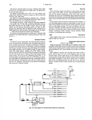 128 7. ANIMAL FEED AOAC METHODS (1980)
(b) Sodium chloride-sulfuric acid soln.-Dissolve 200 g NaCI
in H20 in 2 L vol. flask. Add 15 mL H2S04 and 2 mL Brij-35. Dil.
to vol. with H20 and mix.
(e) Sodium hypochlorite soln.-Dil. 6 mL com. bleach soln
contg 5.25% available CI (Clorox, or equiv.) to 100 mL with H20
and mix. Prep. fresh daily.
(d) Sodium nitroprusside-sodium salicylate soln.- Dissolve
150 g NaC7Hs03 and 0.3 g Na2Fe(CN)s.NO.2H20 in 600 mL H20.
Add 1 mL Brij-35, dil. to 1 L with H20, and mix.
(e) Nitrogen std solns.-Prep. 6 stds by accurately weighing
(±10 mg) 59,118,177,236,295, and 354 mg (NH4)2S04 primary
std (Fisher Scientific Co. No. A-938, or equiv.; dry 2 hr at 105°
before use and assume theoretical value of 21.20% N after
drying) into individual 250 mL digestion tubes. Proceed as in
7.031, beginning "Add 9 g K2S04, 0.42 g HgO, and 15 mL H2S04
..." Stds may be stored and reused until exhausted.
(f) Sodium hydroxide-potassium sulfide soln:-Dissolve 400
g NaOH in H20. While still warm, dissolve 30 g K2S in soln, and
dil. to 1 L.
7.028 Analytical System
If manifold is to be constructed, use clear std pump tubes for
all air and soln flows. All fittings, coils, and glass transmission
lines are AAII type and size. Use glass transmission tubing for
all connections after pump to colorimeter. Construct modified
AO fitting on sample diln loop using AO fitting, N13 stainless
steel nipple connector, and '12" length of 0.035" id Tygon tubing.
Insert N13 nipple approx. halfway into 0.035" Tygon tubing.
Insert tubing into side arm of AO fitting far enough so resample
line will not pump any air. Space pump tubes equally across
pump rollers. Cut 0.16 mL/min resample pump tube ,,;1" at
entrance before connecting to side arm of AO fitting. In opera-
tion, add buffer and hypochlorite solns thru metal side arms of
A10 type fittings; add salicylate soln, (d), thru metal insert to
20T coil. Air, reagents, and sample are combined immediately
after pump thru injection fittings.
37" e
"G"Coil
COLORIMETER
660 nm
15 mm Fie
D
RECORDER
7.029 Start-Up
Start automatic system and place all lines except salicylate
line in resp. solns. After :35 min, place salicylate line in resp.
soln and let system equilibrate. If ppt forms after addn of
salicylate, pH is too low. Immediately stop proportioning pump
and flush coils with H20, using syringe. Before restarting system,
check concns of NaCI-H2S04 soln and phosphate-tartrate buffer
soln.
Pump lowest concn N std soln continuously thru system :35
min and adjust baseline control on colorimeter to read 10% full
scale. Pump highest concn N std soln continuously thru system
until no drift exists (usually :310 min) and adjust "std. caL"
control to read 85% full scale. Recorder tracings must be stable
and show <0.3 division noise. If noisy conditions exist, replace
dialyzer membrane. When recorder tracing indicates stable
condition, immediately start sampling.
7.030 Shut-Down
Place reagent lines in H20, removing salicylate line first. Let
system wash out :320 min.
7.031 Colorimetric Determination
(Caution: See 51.065.)
Weigh samples (See Table 7:04) into dry digestion tubes. Add
9 g K2S04, 0.42 g HgO, and 15 mL H2S04to each tube. (Calibrated
metal scoops may be used for solids.) Insert tubes into digestor
block preheated to 410°, place shields around tubes, and digest
45 min.
After digestion, remove rack of tubes from block, place in
hood, and let cool 8-10 min. (Time depends upon air flow
around tubes.) Direct rapid spray of H20 (kitchen sink dish
rinsing sprayer works well) to bottom of each tube to dissolve
acid digest completely. If ppt forms, place tube in ultrasonic
bath to aid in redissolving salt. Let cool, dil. to vol., and mix
thoroly. Transfer portion of each sample soln to AutoAnalyzer
beaker.
SAMPLER
mlimin.
0.42 Buffe
ic
0.16 C orite
waste _.l..1..>,l20l--t.!Frl!!0ml:!...tF../C'-----
FIG. 7:01-Flow diagram for semiautomated analysis for crude protein
 