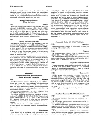 AOAC METHODS (1980) MICROSCOPY 139
Add excess Br-H20 and boil soln gently until colorless, and
then 5 min longer. Add few crystals salicylic acid and cool soln
to ca 20°. Add 1 mL 85% H3P04 and ca 0.5 g KI, and titr. I with
0.005N Na2S20 3, adding starch soln when liberated I color is
nearly gone. 1 mL 0.005N Na2S20 3 = 0.1058 mg I.
7.116
Acid-Soluble Manganese (39)
Official Final Action
Reagent
Potassium permanganate std soln.-500 ppm Mn. Prep. and
stdze as in 50.025-50.026, except use 1.4383 g KMn04 and 0.12
g Na oxalate. Transfer aliquot contg 20 mg Mn to beaker. Add
100 mL H20, 15 mL H3P04, and 0.3 g KIO., and heat to bp. Cool,
and dil. to 1 L. Protect from light. Oil. this soln contg 20 ppm Mn
with H20 (previously boiled with 0.3 g KI04/L) to make convenient
working stds in range of concns to be compared.
7.117 Determination
(Caution: See 51.026 and 51.030.)
Ash weighed sample, 5--15 g, at dull red heat (ca 600°) in
porcelain dish. Cool, and add 5 mL H2S04 and 5 mL HN03 to ash
in dish or to ash transferred to beaker with 20-30 mL H20. Evap.
to white fumes. If C is not completely destroyed, add addnl
portions HN03 , boiling after each addn. Cool slightly, transfer
to 50 or 100 mL vol. flask, and add vol. dil. H3P04 soln (8+92)
equal to 'h vol. of flask (25 or 50 mL). Cool, dil. to vol., mix, and
filter or let stand until clear.
If 50 mL flask was used, pipet 25 mL clear soln into beaker or
50 or 100 mL vol. flask and add 15 mL H20. If 100 mL flask was
used, pipet 50 mL into beaker or 100 mL flask and add 30 mL
H2 0. Heat nearly to bp, and with stirring or swirling add 0.3 g
KIO. for each 15 mg Mn present. Keep 30-60 min at 90-100°, or
until color development is complete. Cool, dil. to measured vol.
of 50 or 100 mL, and mix. Compare with std KMn04 soln in
photoelec. colorimeter or in spectrophtr at 530 nm. Calc. ppm
Mn.
Phosphorus
Alkalimetric Ammonium Molybdophosphate
Method (40)-Official Final Action
7.118 Reagents
(e) Molybdate soln.-Dissolve 100 g Mo03 in mixt. of 144 mL
NH40H and 271 mL H20. Cool, and slowly pour soln, stirring
constantly, into cool mixt. of 489 mL HN03 and 1148 mL H20.
Keep final mixt. in warm place several days or until portion
heated to 40° deposits no yellow ppt. Decant soln from any
sediment and keep in g-s vessels.
(b) Acidified molybdate soln.-To 100 mL molybdate soln,
(a), add 5 mL HN03• Filter immediately before use.
(c) Sodium hydroxide std soln.-Dil. 324.03 mL IN alkali,
carbonate-free, 50.032-50.036, to 1 L. (100 mL of this soln should
neutze 32.40 mL IN acid; 1 mL = 1 mg or 1% P20 S on basis of
0.1 g sample.) (Since burets in const use may become so
corroded as to increase their capacity, test them at least an-
nually.)
(d) Std acid soln.-Prep. soln of HCI or of HN03, corresponding
to concn of (c) or to 'h this concn, and stdze by titrn against (c),
using phthln.
7.119 Determination
Prep. sample soln as in 7.097(a). Pipet, into beaker or flask,
aliquot corresponding to 0.4 g sample for P20 S content of sample
<5%; 0.2 g for 5-20%; 0.1 g for >20%. Add 5-10 mL HN03,
depending on method of soln (or equiv. in NH4 N03 ); then add
NH4 0H until ppt that forms dissolves only slowly on vigorous
stirring, dil. to 75-100 mL, and adjust to 25-30°. If sample does
not give ppt with NH.OH as test of neutzn, make soln slightly
alk. to litmus paper with NH40H and then slightly acid with HN03
(1 +3). Add 20-25 mL acidified molybdate soln for P20s content
<5%; 30-35 mL for 5-20%; and enough acidified molybdate
soln to ensure complete pptn for >20%. Shake or stir mech. 30
min at room temp.; decant at once thru filter and wash ppt
twice by decanting with 25-30 mL portions H2 0, agitating
thoroly and allowing to settle. Transfer ppt to filter and wash
with cold H2 0 until filtrate from 2 fillings of filter yields pink
color on adding phthln and 1 drop of the std alkali. Transfer ppt
and filter to beaker or pptg vessel, dissolve ppt in small excess
of the std alkali, add few drops of phthln, and titr. with std acid.
Report as % P.
7.120
Photometric Method (41)-Official Final Action
Apparatus
Spectrophotometer.-Capable of isolating 400 nm band and
accepting ~15 mm diam. cells.
7.121 Reagents
(a) Molybdovanadate reagent.-Prep. as in 2.022(a), except
add only 250 mL 70% HCI04 to NH.V03 soln.
(b) Phosphorus std solns.-(1) Stock soln.-2 mg P/mL. Dis-
solve 8.788 g KH2P04 in H20 and dil. to 1 L. (2) Working soln.-
0.1 mg P/ mL. Oil. 50 mL stock soln to 1 L.
7.122 Preparation of Standard Curve
Transfer aliquots of working std soln contg 0.5, 0.8, 1.0, and
1.5 mg P to 100 mL vol. flasks. Treat as in 7.123, beginning
"Add 20 mL molybdovanadate reagent, ..." Prep. std curve by
plotting mg P against %T on semilog paper.
7.123 Determination
Ash 2 g sample, in 150 mL beaker, 4 hr at 600°. Cool, add 40
mL HCI (1 +3) and several drops HN03, and bring to bp. Cool,
transfer to 200 mL vol. flask, and dil. to vol. with H20. Filter, and
place aliquot contg 0.5-1.5 mg P in 100 mL vol. flask. Add 20
mL molybdovanadate reagent, dil. to vol. with H20, and mix
well. Let stand 10 min; then read %T at 400 nm against 0.5 mg
std set at 100% T. (Use ~15 mm diam. cells.) Det. mg P from
std curve.
% P = mg P in aliquot/(g sample in aliquot x 10).
7.124
Basic Feed Microscopy (42)--()fficial Final Action
Apparatus
(a) Magnifier-fluorescent illuminator with desk base, 3 x, or
reading glass.
(b) Microscopes and illuminator.--5ee 44.002(n) and (q). Fol-
lowing are preferred:
(1) Widefield stereoscopic microscope.-With arm rests, flat
stage (remove spring holders), optional substage illumination,
inclined eyepiece, and lenses to magnify ca 7-30x, 15x opti-
mum.
(2) Compound microscope.-With mech. stage, substage con-
denser, incl ined binocular eyepiece, 3 position rotating nose-
piece, lenses to magnify ca 36-400x, 120x optimum.
 