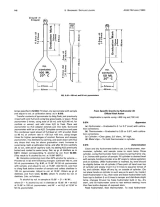 148 9. BEVERAGES: DISTILLED LIQUORS AOAC METHODS (1980)
Ground in
Stopper No
no.
contains
100 Ml
20°_ C
~::::~
no.
contains
50 Ml
20°- C
~:;::::::~
FIG. 9:01-100 mL and 50 mL pycnometers
temps specified in 52.003. Fill clean, dry pycnometer with sample
and adjust to vol. at calibration temp. as in 9.010.
Transfer contents of pycnometer to distg flask, just previously
rinsed with cold H20 and contg few glass beads, or equiv. Rinse
pycnometer 3 times, using total of 25 mL cold H20 (40 mL for
cordials or wines), and add rinse H20 to flask. Place wet
pycnometer so that adapter extends just into bulb. Surround
pycnometer with ice or ice-H2 0. Complete connections and pass
thru condenser rapid stream of H20 kept at ".,;25° at outlet. Distil
ca 96 mL at uniform rate in ~30 but ".,;60 min, using longer
times for higher percentages of alcohol. Remove and stopper
pycnometer, mix distillate by swirling, and wash down with H2 0
any drops that may be above graduation mark. Immerse in
const temp. bath at calibration temp. and after 30 min carefully
dil. to vol., with aid of capillary tube, by adding H20 previously
boiled and cooled to same temp. Det. sp gr of distillate as in
9.011. Obtain corresponding % alcohol by vol. from 52.003.
(This result is % alcohol by vol. at 15.56° (60°F).)
(b) Samples containing more than 60% alcohol by volume.-
Proceed as in (a) with following changes: Calibrate 100 mL and
50 mL pycnometers, Fig. 9:01, at 15.56°, fill 50 mL pycnometer
with sample, and adjust to vol. at 15.56°. Add 50 mL cold H2 0
to distg flask before transfer of sample and collect distillate in
100 mL pycnometer. Adjust to vol. at 15.56°. Obtain sp gr of
distillate, and from table, 52.003, obtain % alcohol by vol. in
distillate. Calc. as follows:
% alcohol by vol. in sample at 15.56° = 0 x W/W';
where 0 = % alcohol by vol. in distillate at 15.56°; W = wt H2 0
at 15.56° in 100 mL pycnometer; and W' = wt H2 0 at 15.56° in
50 mL pycnometer.
9.014
From Specific Gravity by Hydrometer (4)
Official Final Action
(Applicable to spirits contg ".,;600 mg ext/100 mL)
Apparatus
(a) Hydrometer.-Graduated to 0.1 or 0.2° proof, with calibra-
tion corrections.
(b) Thermometer.-Graduated to 0.25 or OSF, with calibra-
tion corrections.
(e) Cylinder.-Clear glass, 2.5" diam., 14" high.
(d) Metal c/ips.-To hold thermometer in cylinder.
9.015 Determination
Clean and dry hydrometer before use. Let hydrometer, ther-
mometer, cylinder, and sample come to room temp. Rinse
cylinder, contg thermometer held in place by spring frame clip,
2 or 3 times with portion of sample. Fill cylinder to desired level
with sample, holding cylinder at ca 45° angle to reduce agitation
and air bubbles. (After hydrometer is inserted, liq. level should
be slightly below rim of cylinder.) Place palm of hand over top
of cylinder and slowly invert 3 or 4 times to equalize temps of
liq. and cylinder. Wipe off any liq. on outside of cylinder. (Do
not place hands on cylinder in such way as to warm liq. inside.)
Insert hydrometer in liq.; then raise and lower hydrometer bulb
from top to bottom 5 or 6 times to temper and distribute slight
temp. changes thruout liq. Keep hydrometer bulb in liq., dry
stem, and let hydrometer come to rest without wetting more
than few tenths degrees of exposed stem.
Read hydrometer, then thermometer. To read hydrometer
 