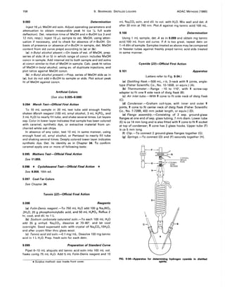 158 9. BEVERAGES: DISTILLED LIQUORS AOAC METHODS (1980)
9.093 Determination
Inject 10 JLL MeOH std soln. Adjust operating parameters and
attenuation to obtain measurable peak ht (ca v.. full scale
deflection). Det. retention time of MeOH and n-BuOH (ca 3 and
12 min, resp.). Inject 10 JLL sample to est. MeOH, using 'atten-
uation if necessary, and to check for absence of n-BuOH. On
basis of presence or absence of n-BuOH in sample, det. MeOH
content from std curve prepd according to (a) or (b):
(a) n-Butyl alcohol absent.-On basis of est. of MeOH, prep.
series of stds (4 or 5) in which range of concn includes MeOH
concn in sample. Add internal std to both sample and std solns
at concn similar to that of MeOH in sample. Calc. peak ht ratios
of MeOH:n-butyl alcohol, using avo of duplicate injections, and
plot ratios against MeOH concn.
(b) n-Butyl alcohol present.-Prep. series of MeOH stds as in
(a), but do not add n-BuOH to sample or stds. Plot actual peak
ht of MeOH against concn.
Artificial Colors
(See also 9.00S-9.008)
9.094 Marsh Test-Official First Action
To 10 mL sample in 20 mL test tube add enough freshly
shaken Marsh reagent (100 mL amyl alcohol, 3 mL H3P04, and
3 mL H2 0) to nearly fill tube, and shake several times. Let layers
sep. Color in lower layer indicates that sample has been colored
with caramel, synthetic dye, or extractive material from un-
charred white oak chips.
In absence of any color, test 10 mL in same manner, using
enough fusel oil, amyl alcohol, or Pentasol to nearly fill tube
and shaking several times. Deeply colored lower layer indicates
synthetic dye. Det. its identity as in Chapter 34. To confirm
caramel apply one or more of following tests:
9.095 Mathers Test-Official Final Action
See 11.0SS.
9.096 * Cyclohexanol Test-Official Final Action *
See 9.0S9, 10th ed.
9.097 Coal-Tar Colors
See Chapter 34.
Tannin (22)-Official Final Action
9.098 Reagents
(a) Folin-Denis reagent.-To 750 mL H20 add 100 g Na2W04
.2H20, 20 g phosphomolybdic acid, and 50 mL H3 P04 • Reflux 2
hr, cool, and dil. to 1 L.
(b) Sodium carbonate saturated soln.-To each 100 mL H20
add 35 g anhyd. Na2C03, dissolve at 70-800
, and let cool
overnight. Seed supersatd soln with crystal of Na2C03.10H20,
and after crystn filter thru glass wool.
(c) Tannic acid std soln.-O.l mg/mL. Dissolve 100 mg tannic
acid in 1 L H2 0. Prep. fresh soln for each detn.
9.099 Preparation of Standard Curve
Pipet 0-10 mL aliquots std tannic acid soln into 100 mL vol.
flasks contg 75 mL H2 0. Add 5 mL Folin-Denis reagent and 10
* Surplus method-see inside front cover.
mL Na2C03 soln, and dil. to vol. with H2 0. Mix well and det. A
after 30 min at 760 nm. Plot A against mg tannic acid/l00 mL.
9.100 Determination
Using 1 mL sample, det. A as in 9.099 and obtain mg tannic
acid/l00 mL from std curve. If A is too great, repeat detn on
1+4 diln of sample. Samples treated as above may be compared
in Nessler tubes against freshly prepd tannic acid stds treated
in same manner.
Cyanide (23)-Official First Action
9.101 Apparatus
(Letters refer to Fig. 9:04.)
(a) Distilling flask.-500 mL, r-b, 3-neck with "$ joints, angle-
type (Fisher Scientific Co., No. 10-165B, or equiv.) (A).
(b) Thermometer.-Range -10 to 1100
, with "$ screw-cap
adapter to fit one "$ side neck of distg flask (B).
(c) Air inlet tube.-With "$ cone to fit side neck of distg flask
(C).
(d) Condenser.-Graham coil-type, with inner and outer "$
joints, "$ cone to fit center neck of distg flask (Fisher Scientific
Co., No. 7-728B, 400 mm jacket length, or equiv.) (D).
(e) Flange a;sembly.-Consisting of 2 sep. ground-glass
flanges at one end of sep. glass tubing, 7 mm diam. Lower tube
(E) is ca 14 mm long and is also fitted with "$ cone to fit "$ socket
at top of condenser; "$ cone has 2 glass hooks. Upper tube (F)
is ca 5 mm long.
(f) Clip.-To connect 2 ground-glass flanges together (G).
(9) Springs.-To connect (D) and (F) securely together (H).
~-'-ij'r--IE_G_~Jb?N
lJ--E- - ',;:,' ,4'COlUMN PLUG
.. ___ LEAD
.... f DIOXIDE
( 
H-!
FIG. 9:04--Apparatus for determining hydrogen cyanide in distilled
spirits.
 