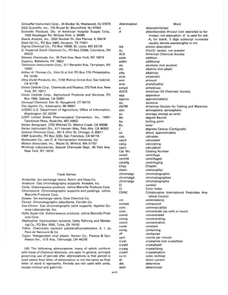 Schoeffellnstrument Corp., 24 Booker St, Westwood, NJ 07675
SGA Scientific, Inc., 735 Broad St, Bloomfield, NJ 07003
Scientific Products, Div. of American Hospital Supply Corp.,
1430 Waukegan Rd, McGaw Park, IL 60085
Searle Analytic, Inc., 2000 Nuclear Dr, Des Plaines, IL 60018
Shell Oil Co., PO Box 2463, Houston, TX 77001
Sigma Chemical Co., PO Box 14508, Sl. Louis, MO 63178
G. Frederick Smith Chemical Co., PO Box 23344, Columbus, OH
43223
Sterwin Chemicals, Inc., 90 Park Ave, New York, NY 10016
Supelco, Bellefonte, PA 16823
Technicon Instruments Corp., 511 Benedict Ave, Tarrytown, NY
10591
Arthur H. Thomas Co., Vine St at 3rd, PO Box 779, Philadelphia,
PA 19105
Ultra-Violet Products, Inc., 5100 Walnut Grove Ave, San Gabriel,
CA 91778
Union Carbide Corp., Chemicals and Plastics, 270 Park Ave, New
York, NY 10017
Union Carbide Corp., Agricultural Products and Services, PO
Box 1906, Salinas, CA 93901
Uniroyal Chemical, Elm St, Naugatuck, CT 06770
The Upjohn Co., Kalamazoo, MI 49001
(USDA) U.S. Department of Agriculture, Office of Information,
Washington, DC 20250
(USP) United States PharmacopeiaI Convention, Inc., 12601
Twinbrook Pkwy, Rockville, MD 20852
Varian Aerograph, 2700 Mitchell Dr, Walnut Creek, CA 94598
Varian Instrument Div., 611 Hansen Way, Palo Alto. CA 94303
Velsicol Chemical Corp., 341 E Ohio St, Chicago, IL 60611
VWR Scientific, PO Box 3200, San Francisco, CA 94119
Wallerstein Co., see G. B. Fermentation Industries, Inc.
Waters Associates, Inc., Maple St, Milford, MA 01757
Winthrop Laboratories, Special Chemicals Dept., 90 Park Ave,
New York, NY 10016
Trade Names
Amberlite. Ion exchange resins. Rohm and Haas Co.
Anakrom. Gas chromatography supports. Analabs, Inc.
Celite. Diatomaceous products. Johns-Manville Products Corp.
Chromosorb. Chromatographic supports and packings. Johns-
Manville Products Corp.
Dowex. Ion exchange resins. Dow Chemical Co.
Florisil. Chromatographic adsorbents. Floridin Co.
Gas-Chrom. Gas chromatography solid supports. Applied Sci-
ence Laboratories, Inc.
Hyf/o Super-Cel. Diatomaceous products. Johns-Manville Prod-
ucts Corp.
Skellysolve. Hydrocarbon solvents. Getty Refining and Market-
ing Co., PO Box 1650, Tulsa, OK 74102
Tef/on. Chemically resistant polytetrafluoroethylene. E. I. du
Pont de Nemours & Co.
Tygon. Halogenated vinyl plastic. Norton Co., Plastics & Syn-
thetics Div., 12 E Ave, Tallmadge, OH 44278
(30) The foillowing abbreviations, many of which conform
with those of Chemical Abstracts, are used. In general, principle
governing use of periods after abbreviations is that period is
used where final letter of abbreviation is not the same as final
letter of word it represents. Periods are not used with units,
except inch(es) and gallon(s).
xviii
Abbreviation
a
A
AA
Ac
ACS
addn
addnl
alc.
alk.
alky
amp
amt
anal.
anhyd.
AOCS
app.
approx.
aq.
ASTM
atm.
avo
Be.
bp
Bu
C
ca
calc.
calcd
calcg
calcn
Cat. No.
centrf.
centrfd
centrfg
Chap.
chern.
chromatgc
chromatgd
chromatgy
Ci
CI
CIPAC
cm
compd
com.
conc.
concd
concg
concn
const
contg
cP
cpm
cryst.
crystd
crystg
crystn
cu in.
dc
del.
detd
Word
absorptivity(ies)
absorbance(s) thruout (not restricted to for-
mulas); not absorption. A' is used for std;
Ao for blank; 3 digit subscript numerals
usually denote wavelengths in nm
atomic absorption
CH3CO- (acetyl, not acetate)
American Chemical Society
addition
additional
alcoholic (not alcohol)
alkaline (not alkali)
alkalinity
ampere(s)
amount
analytical(ly)
anhydrous
American Oil Chemists' Society
apparatus
approximate(ly)
aqueous
American Society for Testing and Materials
atmosphere, atmospheric
average (except as verb)
degree Baume
boiling point
butyl
degrees Celsius (Centigrade)
about, approximately
calculate
calculated
calculating
calculation
Catalog Number
centrifuge
centrifuged
centrifuging
Chapter
chemical(ly)
chromatographic
chromatographed
chromatography
curie(s)
Color Index
Collaborative International Pesticides Ana-
lytical Council
centimeter(s)
compound
commercial(ly)
concentrate (as verb or noun)
concentrated
concentrating
concentration
constant
containing
centipoise
counts per minute
crystalline (not crystallize)
crystallized
crystallizing
crystallization
cubic inch(es)
direct current
determine
determined
 