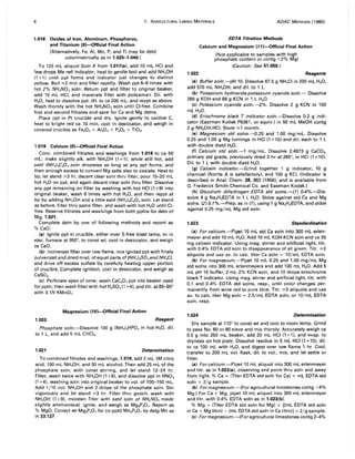 4 1. AGRICULTURAL liMING MATERIALS AOAC METHODS (1980)
1.018 Oxides of Iron, Aluminum, Phosphorus,
and Titanium (9)-Official Final Action
(Alternatively, Fe, AI, Mn, P, and Ti may be detd
colorimetrically as in 1.025-1.040.)
To 125 mL aliquot Soln X from 1.017(a), add 10 mL HCI and
few drops Me red indicator; heat to gentle boil and add NH.OH
(1 +1) until ppt forms and indicator just changes to distinct
yellow. Boil ,,;2 min and filter rapidly. Wash ppt!H3 times with
hot 2% NH"NOa soln. Return ppt and filter to original beaker,
add 10 mL HCI, and macerate fi Iter with policeman. Dil. with
H,O, heat to dissolve ppt, dil. to ca 200 mL, and reppt as above.
Wash thoroly with the hot NH.NOa soln until CI-free. Combine
first and second filtrates and save for Ca and Mg detns.
Place ppt in Pt crucible and dry. Ignite gently to oxidize C,
heat to bright red ca 10 min, cool in desiccator, and weigh in
covered crucible as Fe,Oa + Al,Oa + P,Os + TiO,.
1.019 Calcium (9)-Official Final Action
Conc. combined filtrates and washings from 1.018 to ca 50
mL; make slightly alk. with NH.OH (1+1); while still hot, add
satd (NH.),C,O. soln dropwise as long as any ppt forms, and
then enough excess to convert Mg salts also to oxalate. Heat to
bp, let stand ",,3 hr, decant clear soln thru filter, pour 15-20 mL
hot H,O on ppt, and again decant clear soln thru filter. Dissolve
any ppt remaining on filter by washing with hot HCI (1 +9) into
original beaker, wash 6 times with hot H,O, and then reppt at
bp by adding NH.OH and a little satd (NH.),C,O. soln. Let stand
as before, filter thru same filter, and wash with hot H,O until CI-
free. Reserve filtrates and washings from both pptns for detn of
Mg,1.021.
Complete detn by one of following methods and report as
% CaO:
(a) Ignite ppt in crucible, either over S-free blast lamp, or in
elec. furnace at 950°, to const wt, cool in desiccator, and weigh
as CaO.
(b) Incinerate filter over low flame, mix ignited ppt with finely
pulverized and dried mixt. of equal parts of (NH.),SO.and NH.CI,
and drive off excess sulfate by carefully heating upper portion
of crucible. Complete ignition, cool in desiccator, and weigh as
CaSO•.
(c) Perforate apex of cone; wash CaC,O. ppt into beaker used
for pptn; then wash filter with hot H2S04 (1 +4), and titr. at 85-90°
with 0.1N KMnO•.
Magnesium (70)-Official Final Action
1.020 Reagent
Phosphate soln.-Dissolve 100 g (NH.),HP04 in hot H,O, dil.
to 1 L, and add 5 mL CHCla.
1.021 Determination
To combined filtrates and washings, 1.019, add 2 mL 1M citric
acid, 100 mL NH.OH, and 50 mL alcohol. Then add 25 mL of the
phosphate soIn, with const stirring, and let stand 12-24 hr.
Filter, wash twice with NH.OH (1 +9), and dissolve ppt in HNOa
(1 +4), washing soln into original beaker to vol. of 100-150 mL.
Add 1/10 vol. NH.OH and 2 drops of the phosphate soln. Stir
vigorously and let stand ""3 hr. Filter thru gooch, wash with
NH.OH (1 +9), moisten filter with satd soln of NH.NOa made
slightly ammoniacal, ignite, and weigh as Mg,P,07. Report as
% MgO. Correct wt Mg,P,07 for co-pptd Mn,P,07 by detg Mn as
in 33.127.
EDTA Titration Methods
Calcium and Magnesium (77)-Official Final Action
(Not applicable to samples with high
phosphate content or contg <2% Mg)
(Caution: See 51.050.)
1.022 Reagents
(a) Buffer soln.-pH 10. Dissolve 67.5 g NH.CI in 200 mL H,O,
add 570 mL NH40H, and dil. to 1 L.
(b) Potassium hydroxide-potassium cyanide soln.- Dissolve
280 g KOH and 66 g KCN in 1 L H,O.
(e) Potassium cyanide soln.-2%. Dissolve 2 g KCN in 100
mL H,O.
(d) Eriochrome black T indicator soln.-Dissolve 0.2 g indi-
cator (Eastman Kodak P6361, or equiv.) in 50 mL MeOH contg
2 g NH,OH.HCI. Store ,,;1 month.
(e) Magnesium std solns.-{).25 and 1.00 mg/mL. Dissolve
0.25 and 1.00 g Mg turnings in HCI (1 +10) and dil. each to 1 L
with double distd H,O.
(f) Calcium std soln.-1 mg/mL. Dissolve 2.4973 g CaCOa,
primary std grade, previously dried 2 hr at285°, in HCI (1 + 10).
Dil. to 1 L with double distd H,O.
(9) Calcein indicator.-Grind together 1 g indicator, 10 g
charcoal (Norite A is satisfactory), and 100 g KCI. (Indicator is
described in Anal. Chem. 28, 882 (1956), and is available from
G. Frederick Smith Chemical Co. and Eastman Kodak.)
(h) Disodium dihydrogen EDTA std solns.-(1) D.4%.-Dis-
solve 4 g Na,H,EDTA in 1 L H,O. Stdze against std Ca and Mg
solns. (2) D.1 %.-Prep. as in (1). using 1 g Na,H,EDTA, and stdze
against 0.25 mg/mL Mg std soln.
1.023 Standardization
(a) For calcium.-Pipet 10 mL std Ca soln into 300 mL erlen-
meyer and add 10 mL H,O. Add 10 mL KOH-KCN soln and ca 35
mg calcein indicator. Using mag. stirrer and artificial light, titr.
with 0.4% EDTA std soln to disappearance of all green. Titr. ""3
aliquots and use avo to calc. titer Ca soln = 10/mL EDTA soln.
(b) For magnesium.-Pipet 10 mL 0.25 and 1.00 mg/mL Mg
std solns into 300 mL erlenmeyers and add 100 mL H,O. Add 5
mL pH 10 buffer, 2 mL 2% KCN soln, and 10 drops eriochrome
black T indicator. Using mag. stirrer and artificial light, titr. with
0.1 and 0.4% EDTA std solns, resp., until color changes per-
manently from wine red to pure blue. Titr. ",,3 aliquots and use
avo to calc. titer Mg soln = 2.5/mL EDTA soln, or 10/mL EDTA
soln, resp.
1.024 Determination
Dry sample at 110° to canst wt and cool to room temp. Grind
to pass No. 60 or 80 sieve and mix thoroly. Accurately weigh ca
0.5 9 into 250 mL beaker, add 20 mL HCI (1+1), and evap. to
dryness on hot plate. Dissolve residue in 5 mL HCI (1 + 10), dil.
to ca 100 mL with H,O, and digest over low flame 1 hr. Cool,
transfer to 200 mL vol. flask, dil. to vol., mix, and let settle or
filter.
(a) Forcalcium.-Pipet 10 mL aliquot into 300 mL erlenmeyer
and titr. as in 1.023(a), observing end point thru soln and away
from light. % Ca = (Titer EDTA std soln for Cal x mL EDTA std
soln x 2/g sample.
(b) For magnesium.-(For agricultural limestones contg >4%
Mg.) For Ca + Mg, pipet 10 mL aliquot into 300 mL erlenmeyer
and titr. with 0.4% EDTA soln as in 1.023(b).
% Mg = (Titer EDTA std soln for Mg) x [(mL EDTA std soln
in Ca + Mg titrn) - (mL EDTA std soln in Ca titrn)] x 2/g sample.
(e) For magnesium.-(For agricultural limestones contg 2-4%
 