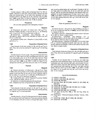 6 1. AGRICULTURAL liMING MATERIALS AOAC METHODS (1980)
1.034 Determination
Transfer aliquot «500 ILg Mn) of Sample Soln X to 150 mL
beaker. Add 25 mL acid mixt. and 0.3 9 KIO•. Bring to bp and
keep near boiling temp. 10 min after color develops. Let cool,
transfer to 50 mL vol. flask, dil. to vol., and mix. Use 0 ILg Mn
soln, 1.033, to set 100% Tat 525 nm. Read %T for sample soln
and det. ILg Mn from std curve. Calc. % Mn in sample.
Phosphorus
(Do not clean glassware with detergents contg P.)
1.035 Reagents
(a) Phosphorus std solns.-(1) Stock soln.-l00 ILg P/mL.
Dissolve 0.4393 9 KH2P04 in H20 and dil. to 1 L. (2) Working
soln.-5 ILg P/mL. Oil. 25 mL stock soln to 500 mL.
(b) Ammonium molybdate soln.-Dissolve 20 9
(NH4)6M0702• .4H20 in 500 mL H20. Add 285 mL H2SO., cool, and
dil. to 1 L with H20.
(c) Hydrazine sulfate soln.-Dissolve 2 9 N2H•.H2S04 in H20
and dil. to 1 L.
1.036 Preparation of Standard Curve
Treat aliquots of std soln contg 0, 5, 50, and 75 ILg P as in
detn. Prep. std curve by plotting %T against ILg P on semilog
paper.
1.037 Determination
Transfer aliquot (,.,-;15 mL contg <75 ILg P) of Sample Soln X to
100 mL vol. flask. Add 5 mL NH, molybdate soln and mix. Add
5 mL N2H4.H2S04 soln, dil. to 70 mL with H20, and mix. Place
flask in boiling H20 9 min. Remove, cool rapidly, and dil. to vol.
Use 0 ILg P soln, 1.036, to set 100% Tat 827 nm. Read %T for
sample soln and det. ILg P from std curve. Calc. % P in sample.
Titanium
1.038 Reagents
(a) Titanium std solns.-(1) Stock soln.-l00 ILg Ti/mL. Place
0.16689 Ti02and 2 9 K2S20 7in Ptcrucible. Heat covered crucible
gently at first and then at dull red ca 15 min. Dissolve melt in
50 mL H2S04(1 + 1) and dil. to 1 L with H20. (2) Working soln.-
5 ILg ~i/mL. Oil. 25 mL stock soln to 500 mL.
(b) 1cetate buffer soln.-pH 4.7. Dissolve 41 9 anhyd. NaOAc
in H2C add 30 mL HOAc, and dil. to 1 L.
(c) Disodium-l,2-dihydroxybenzene-3,5-disulfonate (Tiron)
soln.-Dissolve 4 g Tiron in H20 and dil. to 100 mL.
1.039 Preparation ofStandard Curve
Treat aliquots of std soln contg 0, 5, 50, and 75 ILg Ti as in
detn, but do not add dithionite to stds. Prep. std curve by plotting
% T against ILg Ti on semilog paper.
1.040 Determination
Transfer aliquot «75ILg Ti) ofSample Soln X to 50 mL beaker.
Oil. to ca 25 mL with H20. Add 5 mL Tiron soln and then NH.OH
(1 +9) dropwise until soln is neut. to Congo Red paper. (Tiron
soln must be added before pH is adjusted.) Transfer to 50 mL
vol. flask, add 5 mL buffer soln, dil. to vol. with H20, and mix
thoroly. Add 25 mg dithionite (Na2S204) and dissolve with min.
agitation (to avoid reappearance of blue). Use 0 ILg Ti soln,
1.039, to set 100% Tat 410 nm. Read %T for sample soln '!Vithin
15 min after adding dithionite. Det. 1L9 Ti from std curve. Calc.
% Ti in sample.
Silicon
(Clean all glassware with HCI (1 + 1).)
1.041 Reagents
(a) Silicon std soln.-20 ILg Si/mL. Place 0.0428 9 pure Si02in
75 mL Ni crucible and treat as in 1.025(a), but dil. with H20 to
1 L instead of 100 mL.
(b) Tartaric acid soln.-Dissolve 50 9 tartaric acid in H20 and
dil. to 500 mL. Store in plastic bottle.
(c) Ammonium molybdate soln.-Dissolve 7.5 9
(NH4)6M07024.4H20 in 75 mL H20, add 10 mL H2S04 (1+1), and
dil. to 100 mL with H20. Store in plastic bottle.
(d) Reducing soln.-Dissolve 0.7 9 Na2S03 in 10 mL H20. Add
0.15 9 l-amino-2-naphthol-4-sulfonic acid and stir until dis-
solved. Dissolve 9 9 NaHS03 in 90 mL H20, add to first soln, and
mix. Store in plastic bottle.
1.042 Preparation ofStandard Curve
Treat a/iquots of std soln contg 0, 20, 100, and 200 ILg Si as in
detn. Prep. std curve by plotting %T against ILg Si on semilog
paper.
1.043 Determination
Transfer 10 mL Sample Soln Y to 100 mL vol. flask (use
Sample Soln X for limestones contg <0.2% Si) and add 1 mL NH.
molybdate soln with swirling. Mix well, and let stand 10 min.
Add 4 mL tartaric acid soln with swirling, and mix well. Add 1
mL reducing soln with swirling, dil. to vol., mix well, and let
stand ~30 min. Use 0 ILg Si soln, 1.042, to set 100% Tat 650
nm. Read %T for sample soln and det. 1L9 Si from std curve.
Calc. % Si in sample.
SELECTED REFERENCES
(1) JAOAC 7, 252(1924).
(2) JAOAC 7,252(1924); 55, 539(1972).
(3) JAOAC 38,240(1955).
(4) Ind. Eng. Chem. 20, 312(1928); JAOAC 11, 153 (1928); 14,
283(1931).
(5) JAOAC 38, 413(1955).
(6) JAOAC 27, 74, 532(1944); 28, 310(1945); 31, 71(1948).
(7) JAOAC 31, 715(1948).
(8) JAOAC 46, 603(1963); 47,1019(1964).
(9) U.S. Geol. Survey Bull. 700, p. 106; Ind. Eng. Chem. 9,
1114(1917).
(10) Washington, "Chemical Analysis of Rocks," 3rd Ed., 1919,
p. 181.
(11) JAOAC 45,1(1962); 46,611(1963); 50, 190(1967).
(12) JAOAC 47,1019(1964).
 