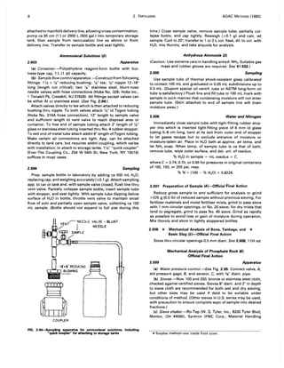 8 2. FERTILIZERS AOAC METHODS (1980)
attached to manifold delivery line, allowing cross-contamination,
pump ca 30 cm (1 ') or 2000 L (500 gaL) into temporary storage
tank, then sample from recirculation line as above or from
delivery line. Transfer to sample bottle and seal tightly.
Ammoniacal Solutions (31
2.003 Apparatus
(a) Container.-Polyethylene reagent-form bottle with but-
tress-type cap, 1 L (1 qt) capacity.
(b) Sample flow controlapparatus.-Construct from following
fittings: 1'12 x W' reducing bushing; '.4" tee; '.4" nipple 12-18"
long (length not critical); two W' stainless steel, blunt-nose
needle valves with hose connections (Hoke No. 328; Hoke Inc.,
1 Tenakill Pk, Cresskill, NJ 07626). All fittings except valves can
be either AI or stainless steel. (See Fig. 2:04.)
Attach valves directly to tee which is then attached to reducing
bushing thru nipple. To both valves attach '.4" id Tygon tubing
(Hoke No. 314A hose connection), 12" length to sample valve
and sufficient length to vent valve to reach disposal area or
container. To free end of sample tubing attach 3" length of '.4"
glass or stainless steel tubing inserted thru No.4 rubber stopper.
To exit end of metal tube attach addnl6" length of Tygon tubing.
Make certain all connections are tight. App. can be attached
directly to tank cars, but requires addnl coupling, which varies
with installation, to attach to storage tanks. 1'12" "quick coupler"
(Ever-Tite Coupling Co., 254 W 54th St, New York, NY 10019)
suffices in most cases.
2.004 Sampling
Prep. sample bottle in laboratory by adding ca 500 mL H20,
replacing cap, and weighing accurately (±0.1 g). Attach sampling
app. to car or tank and, with sample valve closed, flush line thru
vent valve. Partially collapse sample bottle, insert sample tube
with stopper, and seat tightly. With sample tube dipping below
surface of H20 in bottle, throttle vent valve to maintain small
flow of soln and partially open sample valve, collecting ca 100
mL sample. (Bottle should not expand to full size during this
VENt NEEDLE VALVE - BLUNT
~ I NEEDLE
SAMPLE
/'
~
)f'''.REDUCING
BUSHING
1------
~
rfi1I
~
COUPLER
FIG. 2:04--Sampling apparatus for ammoniacal solutions, including
"quick coupler" for attaching to storage tanks
time.) Close sample valve, remove sample tube, partially col-
lapse bottle, and cap tightly. Reweigh (±0.1 g) and calc. wt
sample. Cool to 20°, transfer to 1 or 2 L vol. flask, dil. to vol. with'
H2 0, mix thoroly, and take aliquots for analysis.
Anhydrous Ammonia (31
(Caution: Use extreme care in handling anhyd. NH3. Suitable gas
mask and rubber gloves are required. See 51.032.)
2.005 Sampling
Use sample tube of thermal shock-resistant glass calibrated
to contain 100 mL and graduated in 0.05 mL subdivisions up to
0.5 mL. (Dupont special oil centrf. tube or ASTM long-form oil
tube is satisfactory.) Flush line and fill tube to 100 mL mark with
sample in such manner that condensing moisture will not enter
sample tube. (Skirt attached to end of sample line will drain
moisture away.)
2.006 Water and Nitrogen
Immediately close sample tube with tight-fitting rubber stop-
per into which is inserted tight-fitting piece of 6 mm id glass
tubing 5-8 cm long, bent at its exit from outer end of stopper
to let gases escape but to exclude entrance of moisture or
moisture-laden air. Place in H20 bath at approx. air temp. and
let NH3 evap. When temp. of sample tube is ca that 'of bath,
remove tube, wipe outer surface, and det. vol. of residue.
% H20 in sample = mL residue x C,
where C = 0.74,0.70, or 0.66 for pressures in original containers
of 100, 150, or 200 psi, resp.
% N = (100 - % H20) x 0.8224.
2.007 Preparation of Sample (41-0fficial Final Action
Reduce gross sample to amt sufficient for analysis or grind
;3225 g (0.5 Ib) of reduced sample without previous sieving. For
fertilizer materials and moist fertilizer mixts, grind to pass sieve
with 1 mm circular openings, or No. 20 sieve; for dry mixts that
tend to segregate, grind to pass No. 40 sieve. Grind as rapidly
as possible to avoid loss or gain of moisture during operation.
Mix thoroly and store in tightly stoppered bottles.
2.008 * Mechanical Analysis of Bone, Tankage, and *
Basic Slag (51-Official Final Action
Sieve thru circular openings 0.5 mm diam. See 2.008, 11th ed.
2.009
Mechanical Analysis of Phosphate Rock (61
Official Final Action
Apparatus
(a) Water pressure control.-See Fig. 2:05. Connect valve, A,
std pressure gage, B, and aerator, C, with 'Va" diam. pipe.
(b) Sieves.-Nos. 100 and 200, bronze or stainless steel cloth,
checked against certified sieves. Sieves 8" diam. and 2" in depth
to sieve cloth are recommended for both wet and dry sieving,
but other sizes may be used if detd to be suitable under
conditions of method. (Other sieves in U.S. series may be used,
with precaution to ensure complete sepn of sample into desired
fractions. )
(c) Sieve shaker.-Ro-Tap (W. S. Tyler, Inc., 8200 Tyler Blvd,
Mentor, OH 44060), Syntron (FMC Corp., Material Handling
*Surplus method-see inside front cover.
 