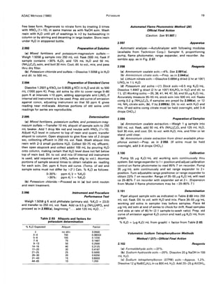 AOAC METHODS (1980) POTASSIUM 19
free base form. Regenerate to nitrate form by treating 3 times
with HN03 (1 +19)' in same manner as with NaOH soln. Wash
resin with H20 until pH of washings is ;;.2 by backwashing in
column or by stirring and decanting in large beaker. Store resin
under H20 in stoppered bottle.
2.093 Preparation ofSolution
(a) Mixed fertilizers and potassium-magnesium sulfate.-
Weigh 1.5058 g sample into 250 mL vol. flask (500 mL flask if
sample contains >30% K20), add 125 mL H20 and 50 mL
(NH.l.C20. soln, and boil 30 min. Cool, dil. to vol., mix, and pass
thru dry filter.
(b) Potassium chloride and sulfate.-Dissolve 1.5058 g in H20
and dil. to 500 mL.
2.094 Preparation ofStandard Curve
Dissolve 1.2931 g KN03 (or 0.9535 g KCI) in H20 and dil. to 500
mL (1000 ppm K). Prep. std solns by diln to cover range 0-80
~pm K at intervals ,;;10 ppm, adding appropriate amt LiN03 if
Internal std instrument is to be used. Prep. std curve of emission
against concn, adjusting instrument so that 50 ppm K gives
reading near mid-scale. Atomize portions of std solns until
readings for series are reproducible.
2.095 Determination
(a) Mixed fertilizers, potassium sulfate, and potassium-mag-
nesium sulfate.-Transfer 10 mL aliquot of sample soln to 250
mL beaker. Add 1 drop Me red and neutze with HN03 (1+10).
Adjust H20 level in column to top of resin and quant. transfer
aliquot to column. Open stopcock to give flow rate of 2 dropsl
sec, collecting effluent in 250 mL vol. flask. Wash aliquot into
resin with 2-3 small portions H20. Collect 50-75 mL effluent;
then open stopcock and collect addnl 100 mL by pouring H20
onto column, making certain that H20 level does not fall below
top of resin bed. Oil. to vol. and mix (if internal std instrument
is used, add required amt LiN03 before dilg to voL). Atomize
portions of sample several times to obtain reliable avo reading
for each soln. Det. ppm K from std curve. (Temp. of std and
sample solns must not differ by >2°.) Calc. % K20 as follows:
0-30%: ppm K/2 = %K20
>30%: ppm K/1 = %K20
(b) Potassium chloride.-Proceed as in (a) but omit neutzn
and resin treatment.
2.096 Instrument and Procedure
Performance Test
Weigh 1.5058 g K acid phthalate (primary std; %K20 = 23.0)
and transfer to 250 mL vol. flask. Add ca 0.5 g (NH')2HPO. and
proceed as in 2.093(a), beginning " ... add 125 mL H20 ..."
Table 2:03 Aliquots and factors for
potassium determination
% K,O Expected Aliquot
2 no diln
3-4 150
5-6 100
7-8 75
9-13 50
14-16 40
17-20 30
21-25 25
26-30 20
31-43 15
44-65 10
Factor
0.0500
0.08333
0.1250
0.1667
0.2500
0.3125
0.4167
0.5000
0.6250
0.8333
1.250
Automated Flame Photometric Method (36)
Official Final Action
(Caution: See 51.007.)
2.097 Apparatus
Automatic analyzer.-AutoAnalyzer with following modules
(available from Technicon Corp.): Sampler II, proportioning
pump, flame photometer, range expander, and recorder. As-
semble app. as in Fig. 2:07.
2.098 Reagents
(a) Ammonium oxalate soln.-4%. See 2.091(a).
(b) Ammonium citrate soln.-Prep. as in 2.044(a).
(c) Lithium nitrate soln.-Dissolve 0.6894 g dried (2 hr at 105°)
LiN03 in 1 L H20.
(d) Potassium std solns.-(T) Stock soln.-O.5 mg K20/mL.
Dissolve 1.4447 g dried (2 hr at 105°) KH2PO. in H20 and dil. to
1 L. (2) Workingsolns.-35, 38, 41, 44, 47,50, and 55fL9 K20/mL.
Accurately measure 35-55 mL stock soln into 500 mL vol. flasks
contg 0.2 g (NH')2C20. if samples are prepd by 2.099(a), or 12
mL NH. citrate soln, (b), if by 2.099(b). Oil. to vol. with H20 and
mix. (If std solns contg citrate must be held overnight, add 3-4
drops CHCI3.)
2.099 Preparation ofSamples
(a) Ammonium oxalate extraction.-Weigh 1 g sample into
500 mL vol. flask, add 50 mL 4% (NH')2C20. and 125 mL H20,
boil 30 min, and cool. Oil. to vol. with H20, mix, and filter or let
stand until clear.
(b) Ammonium citrate extraction from direct available phos-
phorus extract.-Prep. as in 2.050. (If solns must be held
overnight, add 3-4 drops CHeI3.)
2.100 Calibration
Pump 55 fLg K20/mL std working soln continuously thru
system. Set range expander to 1x position and adjust calibration
control on flame photometer to read 85% T on recorder. Pump
35 fLg/mL soln continuously and set range expander to 2x
position. Turn adjustable range positioner or range expander to
obtain 23% T on recorder. Range of 35-55 fLg K20/mL will read
ca 20-80% T on recorder with expander set at 2 X. (Expansion
from Model II flame photometers may be <20-80% T.)
2.101 Determination
Pipet aliquot sample soln as indicated in Table 2:03 into 250
mL vol. flask. Oil. to vol. with H20 and mix. Place 35-55 fL9/mL
working std solns in sampler tray before samples. Place 44
fL9/mL std soln at end of series to check for drift. Read samples
and stds at rate of 40/hr (2:1 sample-to-wash ratio). Prep. std
curve of emission against K20 concn and read fLg K20/mL from
graph.
% K20 = (fL9 K20/ mL from graph) x factor from Table 2:03.
2.102
Volumetric Sodium Tetraphenylboron Methods
Method I (37)-Official Final Action
Reagents
(a) Formaldehyde soln.-37%.
(b) Sodium hydroxide soln.-20%. Dissolve 20 g NaOH in 100
mL H2 0.
(c) Sodium tetraphenylboron (STPB) soln.-Approx. 1.2%.
Dissolve 12 g NaB(CsHs). in ca 800 mL H20. Add 20-25 g AI(OH)3'
 