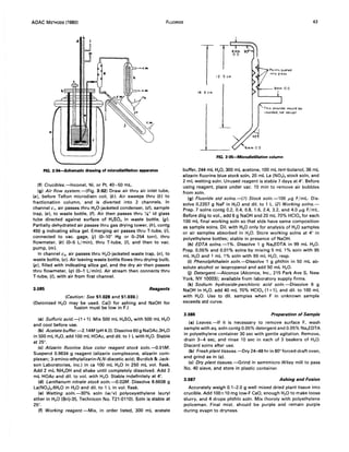 AOAC METHODS (1980) FLUORIDE 43
k
d
Q
FIG. 3:04-Schematlc drawing of microdlstillation apparatus
(f) Crucibles.-Inconel, Ni, or Pt, 40-50 mL.
(g) Air flow system.-(Fig. 3:02) Draw air thru air inlet tube,
(a), before Teflon microdistn coil, (b). Air sweeps thru (b) to
fractionation column, and is diverted into 2 channels. In
channel c" air passes thru H20-jacketed condenser, (d)' sample
trap, (e), to waste bottle, (f). Air then passes thru '/s" id glass
tube directed against surface of H2SO. in waste bottle, (g).
Partially dehydrated air passes thru gas drying tower, (h), contg
450 g indicating silica gel. Emerging air passes thru T-tube, (i),
connected to vac. gage, Ii) (0-10" Hg or 0-254 torr), thru
flowmeter, (k) (0-5 L/min), thru T-tube, (I), and then to vac.
pump, (m).
In channel c2, air passes thru H20-jacketed waste trap, (n), to
waste bottle, (0). Air leaving waste bottle flows thru drying bulb,
(P), filled with indicating silica gel, and the dry air then passes
thru flowmeter, (q) (0-1 L/min). Air stream then connects thru
T-tube, (I), with air from first channel.
3.085 Reagents
(Caution: See 51.028 and 51.030.)
(Deionized H20 may be used. CaD for ashing and NaOH for
fusion must be low in F.)
(a) Sulfuric acid.-(1+1). Mix 500 mL H2SO. with 500 mL H20
and cool before use.
(b) Acetate buffer.-2.14M (pH 4.0). Dissolve 60 g NaOAc.3H2 0
in 500 mL H20, add 100 mL HOAc, and dil. to 1 L with H20. Stable
at 25°.
(e) Alizarin fluorine blue color reagent stock soln....-{J.01M.
Suspend 0.9634 g reagent (alizarin complexone, alizarin com-
plexan; 3-amino-ethylalizarin-N,N-diacetic acid; Burdick & Jack-
son Laboratories, Inc.) in ca 100 mL H20 in 250 mL vol. flask.
Add 2 mL NH.OH and shake until completely dissolved. Add 2
mL HOAc and dil. to vol. with H2 0. Stable indefinitely at 4°.
(d) Lanthanum nitrate stock soln....-{J.02M. Dissolve 8.6608 g
La(NOa)a.6H20 in H20 and dil. to 1 L in vol. flask.
(e) Wetting soln.-30% soln (w/v) polyoxyethylene lauryl
ether in H20 (Brij-35, Technicon No. T21-0110). Soln is stable at
25°.
(f) Working reagent.-Mix, in order listed, 300 mL acetate
12 5 em
16 5 em
rounded, not abrupt
FIG. 3:05-Microdistillation column
butter, 244 mL H20, 300 mL acetone, 100 mL tett-butanol, 36 mL
alizarin fluorine blue stock soln, 20 mL La (NOa)a stock soln, and
2 mL wetting soln. Unused reagent is stable 7 days at 4°. Before
using reagent, place under vac. 10 min to remove air bubbles
from soln.
(g) Fluoride std solns.-(1) Stock soln.-l00 /Lg F/mL. Dis-
solve 0.2207 g NaF in H20 and dil. to 1 L. (2) Working solns.-
Prep. 7 solns contg 0.2, 0.4, 0.8, 1.6,2.4,3.2, and 4.0 /Lg F/mL.
Before dilg to vol., add 6 g NaOH and 20 mL 70% HelD. for each
100 mL final working soln so that stds have same composition
as sample solns. Oil. with H20 only for analysis of H20 samples
or air samples absorbed in H20. Store working solns at 4° in
polyethylene bottles; stable in presence of NaOH.
(h) EDTA solns.-l%. Dissolve 1 g Na.EDTA in 99 mL H20.
Prep. 0.05% and 0.01% solns by mixing 5 mL 1% soln with 95
mL H20 and 1 mL 1% soln with 99 mL H20, resp.
(i) Phenolphthalein soln.-Dissolve 1 g phthln in 50 mL ab-
solute alcohol or isopropanol and add 50 mL H2 0.
(j) Detergent.-Alconox (Alconox, Inc., 215 Park Ave S, New
York, NY 10003); available from laboratory supply firms.
(k) Sodium hydroxide-perchloric acid soln.-Dissolve 6 g
NaOH in H20, add 40 mL 70% HCIO. (1+1), and dil. to 100 mL
with H20. Use to dil. samples when F in unknown sample
exceeds std curve.
3.086 Preparation of Sample
(a) Leaves.-If it is necessary to remove surface F, wash
sample with aq. soln contg 0.05% detergent and 0.05% Na.EDTA
in polyethylene container 30 sec with gentle agitation. Remove,
drain 3-4 sec, and rinse 10 sec in each of 3 beakers of H2 0.
Discard solns after use.
(b) Fresh plant tissues.-Dry 24-48 hr in 80° forced-draft oven,
and grind as in (e).
(e) Dry plant tissues.-Grind in semi micro Wiley mill to pass
No. 40 sieve, and store in plastic container.
3.087 Ashing and Fusion
Accurately weigh 0.1-2.0 g well mixed dried plant tissue into
crucible. Add 1OO± 10 mg low-F CaD, enough H2 0 to make loose
slurry, and 4 drops phthln soln. Mix thoroly with polyethylene
policeman. Final mixt. should be purple and remain purple
during evapn to dryness.
 