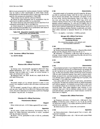 AOAC METHODS (1980) TOBACCO 51
642.5 nm are convenient for routine analysis; however, readings
may be made at other wavelengths to check these values.
Absorptivities for chlorophylls a and b in ether soln that may be
used for this purpose are presented in Table 3:03.
These values may be used for calcns as follows:
(a) Values for total chlorophyll and % composition may be
calcd from A at 660.0 and 642.5 nm as described.
(b) Check values for total chlorophyll may be calcd from A at
intersection points 600.0, 581.0, and 568.0 nm.
(c) Check values for % composition may be calcd from A for
each of points 613.0 and 589.0 nm in combination with value of
total concn obtained from (a) or (b).
Table 3:03 Absorption constants used in analysis
(after Comar and Zscheile (39))
Absorptivities
(for Ether 501ns)
Wavelength
nm Chlorophyll a Chlorophyll b
660.0
642.5
600.0
581.0
568.0
613.0
589.0
102
16.3
9.95
B.05
7.11
15.6
5.90
3.134 Carotenes-Official Final Action
See 43.014-43.023.
TOBACCO
Moisture (40)-Official Final Action
3.135
4.50
57.5
9.95
B.05
7.11
B.05
10.3
Apparatus
(a) Drying oven.-Forced-draft, regulated to 99.5±OS. Sug-
gested dimensions: 19 x 19 x 19" (48 cm). Approx. oven
settings: fresh air intake vent 1/5 open; air control damper y..
open; air exhaust vent 'Ia open.
(b) Moisture dish.-AI, diam. 45-65 mm, depth 20-45 mm,
with tight-fitting cover.
3.136 Determination
Accurately weigh ca 5 g sample (ground to pass",:l mm
screen) into weighed moisture dish and place uncovered dish
in oven.
Do not exceed 1 sample/ 10 sq in. (650 sq cm) shelf space,
and use only 1 shelf. Dry 3 hr at 99.5±0.5°. Remove from oven,
cover, and cool in desiccator to room temp. (ca 30 min). Reweigh
to nearest 1 mg and calc. % moisture.
3.137
Chlorides (41)-Official Final Action
Potentiometric Method
Reagent
Silver nitrate std soln. -a.IN. Stdze against KCI as in detn.
3.138 Apparatus
(a) pH meter.-Leeds and Northrup, Sumneytown Pike, N
Wales, PA 19454, Beckman Instruments, or equiv., equipped
with Ag and glass electrodes.
(b) Buret.-l0 mL, graduated in 0.05 or 0.02 mL, preferably
reservoir-type.
3.139 Determination
Accurately weigh ca 2 g sample, ground to pass No. 40 sieve,
into 250 mL electrolytic beaker. Add 100 mL H20, small amt at
first to thoroly wet sample; then remainder. Let stand ~5 min
at room temp., stirring intermittently. Pipet 5 mL HN03 (1 +9)
into mixt. and insert clean electrodes. Start mag. stirrer and
continue stirring thruout titrn at rate that produces vigorous
agitation without spattering. Titr. with std O.lN AgN03 soln to
potential previously established as equivalence point. Det. equiv-
alence point potential graphically by making several titrns on
one or more tobacco samples. Recheck occasionally, and redet.
when either electrode is replaced. Record vol. of titrant and
calc.:
% CI = mL AgN03 x normality x 3.5453/g sample.
3.140
Nitrogen (42)-Official Final Action
Kieldahl Method for Samples
Containing Nitrates
(For nitrate-free samples, omit salicylic acid
and thiosulfate treatment.)
See 2.055 and the following:
Reagents
(a) Sodium hydroxide-thiosulfate soln.-Dissolve 500 g NaOH
pellets and 40 g Na2S203.5H20 in H20 and dil. to 1 L.
(b) Indicators.-( 1) Dissolve 1 g Me red in 200 mL alcohol; or
(2) prep. mixed indicator by dissolving 0.8 g Me red and 0.2 g
methylene blue in 500 mL alcohol.
3.141 Apparatus
See 2.056.
3.142 Determination
Place weighed sample (1-2 g) in digestion flask. Add vol. H2S04
(contg 2 g salicylic acid/40 mL) corresponding to wt sample (35
mL for 1 g,40 mL for 2 g for N03-contg samples; 20 and 25 mL,
resp., for N03-free samples). Shake until thoroly mixed; let stand
~30 min with occasional shaking; then add 5 g Na2S203.5H20.
Shake, let stand 5 min, and heat carefully until frothing ceases.
Turn off heat, add 0.7 g HgO (or metallic Hg) and 15 g K2S04, and
boil briskly 1-1.5 hr after soln clears.
Cool, add ca 200 mL H20, cool to ca room temp., and add few
Zn granules. Tilt flask and carefully add 50 mL NaOH-thiosulfate
soln without agitation. Immediately connect flask to distn bulb
on condenser whose tip is immersed in 50 mL std O.lN acid in
receiving flask. Then rotate digestion flask carefully to mix
contents. Heat until ~150 mL distillate collects, and titr. excess
acid with std base, using Me red or mixed indicator. Correct for
blank detn on reagents.
Potassium (43)-Official Final Action
3.143 Reagents
(a) Potassium std solns.-(1) Stock soln.-l000 ppm K. See
3.020(a). (2) Working solns.-Place 0, 5, 10, 15, 20, 25, and 30
mL stock soln in seven 1 L vol. flasks, add 40 mL 3N HCI to each,
and dil. to vol. with H20.
(b) Diatomaceous earth.-Celite 545, acid-washed.
3.144 Apparatus
(a) Flame photometer.-Natural gas-air fuel, or equiv., ade
quate for K analysis.
(b) Chromatographic tube.-20 x 150 mm with coarse fritted
disk.
 