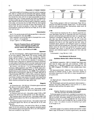 52 3. PLANTS AOAC METHODS (1980)
3.145 Preparation of Sample Solution
Accurately weigh ca 0.5 g tobacco dust into ca 40 mL weighing
dish. Add ca 1 g Celite and mix intimately with spatula. Transfer
quant. thru powder funnel into chromatgctube. Add addnl Celite
thru funnel into tube until 2.5 cm layer accumulates on top of
sample-Celite mixt. Compact sample and Celite by tapping tip
of tube on table top, and insert tip of tube into neck of 1 L vol.
flask. Add 40 mL 3N HCI into tube by pipet or dispenser, washing
down sides, and let elute into vol. flask. When liq. level reaches
top of Celite, add 25 mL H20 and let elute. Add second 25 mL
portion H20, let elute by gravity, or force thru rapidly with
compressed air. Rinse tip of tube into vol. flask, dil. to vol. with
H20, and mix well.
3.146 Determination
Det % Tfor sample eluate and K stds as specified in instruction
manual of instrument. See also 3.023.
Prep. calibration curve and det. ppm K of sample from curve.
% K = ppm K x 0.1/g sample.
% K20 = ppm K x 0.1205/g sample.
3.147
Glycerol, Propylene Glycol, and Triethylene
Glycol in Cased Cigarette Cut Filler and
Ground Tobacco (44)-Official First Action
(Caution: See 51.018 and 51.066.)
Apparatus
(a) Gas chromatograph.-With programmed temp. oven and
W hot wire detector; F&M Model 720 (current models 5700
series; Hewlett-Packard, Inc.), or equiv. Conditions: Detector
bridge 140 ma; temps (0): injection 265, detector 280, column
90-240 at 15°/min; He 60 mL/min adjusted, if necessary, to
facilitate sepns; attenuation 4, adjusted according to sensitivity
to yield peaks of sufficient size for accurate measurement (use
same attenuation for all stds and samples); chart speed, 12"/hr.
(b) Column.-42 (105 em) x 3116" Cu tubing packed with 5%
Carbowax 20M-terephthalic acid (TPA) on 60-80 mesh Chro-
mosorb G AW-DMCS (Hewlett-Packard, Inc., No. 8501-6223 or
Applied Science Laboratories, Inc., No. 04388). Prep. packing by
placing 30.0 g Chromosorb in 500 mL l r-b flask. Add soln of
1.50 g Carbowax 20M-TPA in 150 mL CHCI3, and slurry. Remove
CHCI3 under vac. in rotary evaporator and air dry overnight at
room temp. Condition new column 2 hr at 240°; then inject three
30 ILL samples tobacco ext before analyzing samples. Recon-
dition columns removed from app. before use.
3.148 Reagents
(a) Extracting soln. -Oil. 20.0 mL 1,3-butylene glycol stock std
soln, (b), to 2 L with anhyd. MeOH.
(b) 1,3-Butylene glycol stock std soln.-Accurately weigh
20.00 g USP 1,3-butanediol into 100 mL vol. flask and dil. to vol.
with anhyd. MeOH.
(c) Glycerol stock std soln.-Accurately weigh 10.00 g USP
glycerol into 100 mL vol. flask and dil. to vol. with extg soln.
(d) Propylene glycol stock std soln.-Accurately weigh 5.00
g USP propylene glycol into 100 mL vol. flask and dil. to vol. with
extg soln.
(e) Triethylene glycol stock std soln.-Accurately weigh 5.00
g triethylene glycol into 100 mL vol. flask and dil. to vol. with
extg soln.
(f) Humectant std solns.-Into each of four 100 mL vol. flasks,
pipet 1.0, 2.0, 3.0, and 4.0 mL, resp., glycerol, propylene glycol,
and triethylene glycol stock std solns. Oil. to vol. with extg soln.
Each soln contains (in mg/100 mL):
3.149
Soln
1
2
3
4
Propylene
Glycol
50
100
150
200
Glycerol
100
200
300
400
Triethylene
Glycol
50
100
150
200
Extraction
Place 10.00 g sample in 250 mL l erlenmeyer. Pipet 100 mL
extg soln into flask and stopper. Shake mech. 1 hr and let settle
few min until supernate is clear. Alternatively, shake mech. 30
min and let stand overnight.
3.150 Determination
Prime column by injecting two 30 ILL aliquots supernate ext.
Then alternately inject 30 ,..L supernate exts and a humectant
std soln until all samples and stds have been run, repeating ext
injections, if necessary. (Sequence is ext" ext" std" ext" std2,
ext2' std3, ext3' std., ext., std" exts, std2, etc. If <4 exts are
available, distribute ext injections among those available so that
sequence thru std. is run.) Det. peak hts and calc. ratios of
propylene glycol, glycerol, and triethylene glycol to butylene
glycol for each std and sample soln. Plot peak ht ratios against
polyol concn for std solns and construct std curve for each
humectant. Det. concn in mg/100 mL for propylene glycol,
glycerol, and triethylene glycol in sample soln from resp. std
curves.
% Humectant = (mg/100 mL) x 0.01.
Total Alkaloids (As Nicotine)
Distillation Method (45)-Official Final Action
3.151 Apparatus
(a) Distillation apparatus.-500 mL Kjeldahl flask fitted with
inlet tube for steam, trap bulb, and condenser; Griffith still
(Tobacco Sci. 1, 130(1957), available from Lab Glass, Inc., PO
Box 5067, Kingsport, TN 37663); or other suitable steam distn
app.
(b) Spectrophotometer.-Beckman Instruments Model DU
(replaced by Models 24/25) or other instrument capable of
accurately measuring A in 200-300 nm range, equipped with 1
cm quartz cells.
3.152 Reagents
(a) Alkali-salt soln.-Dissolve 300 g NaOH in 700 mL H20 and
sat. with NaCI.
(b) Silicotungstic acid soln (for gravimetric determination).-
Dissolve 120 g Si02.12W03.26H20 in H20 and dil. to 1 L. (Soln
should be clear and free from green color.)
3.153 Standardization
(Caution: Nicotine is very toxic. Avoid contact
with skin and eyes. See 51.011 and 51.015.)
Purify best grade of nicotine com. available by successive vac.
distns until center cuts from 2 successive distns have same a at
259 nm (ca 34.3). Accurately weigh ca 0.2 g purified nicotine;
dissolve in and dil. to 1 L with ca 0.05N HCI. Oil. 10 mL aliquot
of this soln to 100 mL with ca 0.05N HCI. Det. A at 259 nm and
calc. a = A/(c x b), where c is concn of nicotine in gil and b
is cell length in cm.
3.154 Distillation
Accurately weigh 2-5 g tobacco sample and transfer to distn
flask or app. (If final detn of nicotine is gravimetric, use sample
 