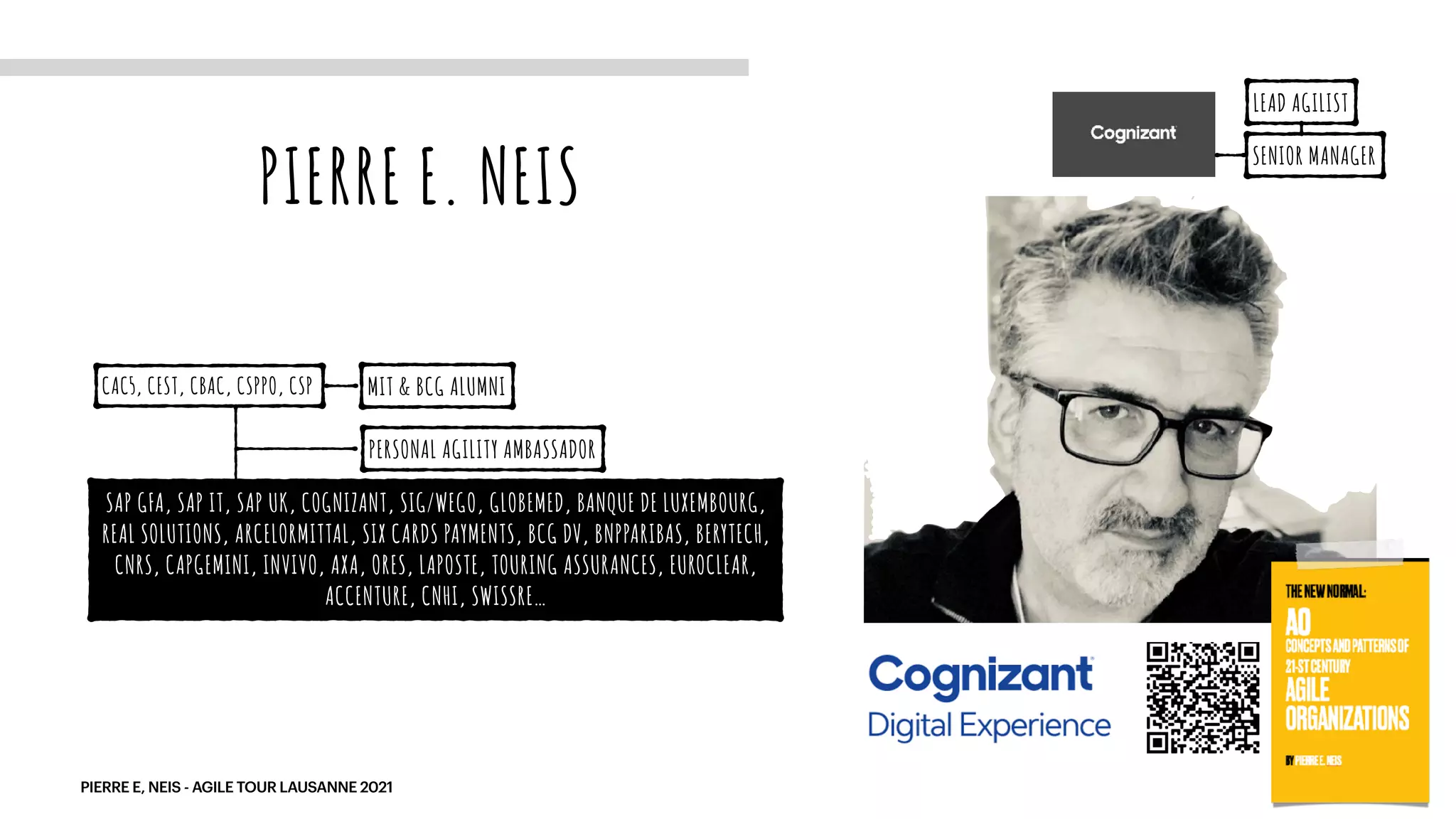 SAP GFA, SAP IT, SAP UK, COGNIZANT, SIG/WEGO, GLOBEMED, BANQUE DE LUXEMBOURG,
REAL SOLUTIONS, ARCELORMITTAL, SIX CARDS PAYMENTS, BCG DV, BNPPARIBAS, BERYTECH,
CNRS, CAPGEMINI, INVIVO, AXA, ORES, LAPOSTE, TOURING ASSURANCES, EUROCLEAR,
ACCENTURE, CNHI, SWISSRE…
PIERRE E, NEIS - AGILE TOUR LAUSANNE 2021
PIERRE E. NEIS
CAC5, CEST, CBAC, CSPPO, CSP
SENIOR MANAGER
LEAD AGILIST
MIT & BCG ALUMNI
PERSONAL AGILITY AMBASSADOR
 