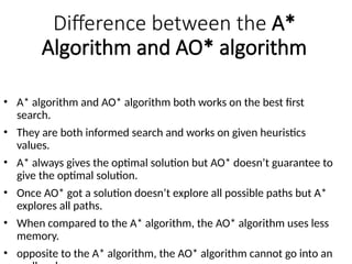 Difference between the A*
Algorithm and AO* algorithm
• A* algorithm and AO* algorithm both works on the best first
search.
• They are both informed search and works on given heuristics
values.
• A* always gives the optimal solution but AO* doesn’t guarantee to
give the optimal solution.
• Once AO* got a solution doesn’t explore all possible paths but A*
explores all paths.
• When compared to the A* algorithm, the AO* algorithm uses less
memory.
• opposite to the A* algorithm, the AO* algorithm cannot go into an
 