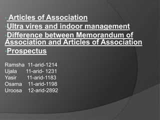 • Articles

of Association
•Ultra vires and indoor management
•Difference between Memorandum of
Association and Articles of Association
•Prospectus
Ramsha 11-arid-1214
Ujala
11-arid- 1231
Yasir
11-arid-1183
Osama 11-arid-1198
Uroosa 12-arid-2892

 