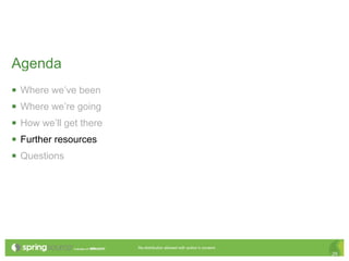 Agenda
   Where we’ve been
   Where we’re going
   How we’ll get there
   Further resources
   Questions




                          Re-distribution allowed with author’s consent.
                                                                           29
 