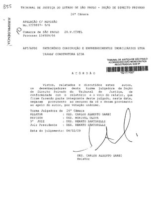 3ss      TRIBUNAL DE JUSTIÇA DO ESTADO DE SÃO PAULO - SEÇÃO DE DIREITO PRIVADO

                                      2 6a Câmara

 C        APELAÇÃO C/ REVISÃO
 C/5      No.1220887- 0/6
 ^3
 TO
       Y"^ Comarca de SÃO PAULO    28.V.CÍVEL
 c
 D         Processo 134589/06
 m>
 Z
 O
 >
          APT/APDS   PATRIMÔNIO CONSTRUÇÃO E EMPREENDIMENTOS IMOBILIÁRIOS LTDA

                     TARRAF CONSTRUTORA LTDA
                                                             TRIBUNAL DE JUSTIÇA DE SÃO PAULO
                                                              ACÓRDÃO/DECISÃO MONOCRATICA
                                                                   REGISTRADO(A) SOB N°



                                       A C Ó R D Ã O                   *02177193*



                      Vistos, relatados e discutidos estes       autos,
              os   desembargadores   desta   turma julgadora da Seção
              de Direito Privado do      Tribunal   de    Justiça,   de
              conformidade com o relatório e o voto do relator, que
              ficam fazendo parte integrante deste julgado, nesta data,
              negaram    provimento ao recurso da ré e deram provimento
              ao apelo do autor, por votação unânime.

              Turma Julgadora da    2 6a   Câmara
              RELATOR               DES.    CARLOS ALBERTO GARBI
              REVISOR               DES.   NORIVAL OLIVA
              3o  JUIZ              DES.    RENATO SARTORELLI
              Juiz Presidente       DES.    RENATO SARTORELLI
              Data do julgamento: 04/02/09
                                                                                    




                                            DES. CARLOS ALBERTO GARBI
                                            Relator
 