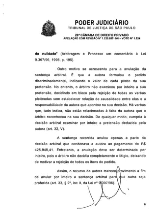 PODER JUDICIÁRIO
                         TRIBUNAL DE JUSTIÇA DE SÃO PAULO
                              26a CÂMARA DE DIREITO PRIVADO
                    APELAÇÃO COM REVISÃO N°1.220.887- 0/6 - VOTO N° 1.524




de nulidade" (Arbitragem          e Processo       um comentário      à     Lei
9.307/96, 1998, p. 195).

                Outro motivo se acrescenta para a anulação da
sentença     arbitrai.    É    que    a   autora     formulou   o    pedido
discriminadamente, indicando o valor de cada ponto da sua
pretensão. No entanto, o árbitro não examinou por inteiro a sua
pretensão, decidindo em bloco pela rejeição de todas as verbas
pleiteadas sem estabelecer relação de causalidade entre elas e a
responsabilidade da autora que apontou na sua decisão. Há verbas
que, tudo indica, não estão relacionadas à falta da autora que o
árbitro reconheceu na sua decisão. De qualquer modo, cumpria à
decisão arbitrai examinar por inteiro a pretensão deduzida pela
autora (art. 32, V).

               A sentença recorrida anulou apenas a parte da
decisão arbitrai que condenava a autora ao pagamento de R$
425.048,41. Entretanto, a anulação deve ser determinada por
inteiro, pois o árbitro não decidiu completamente o litígio, deixando
de motivar a rejeição de todos os itens do pedido.

               Assim, o recurso da autora merece [provimento a fim
de anular por inteiro a sentença arbitrai paral que outra seja
proferida (art. 33, § 2 o , inc II, da Lei n° 9tv307/96).  /




                                                                             8
 