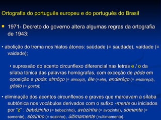 Ortografia do português europeu e do português do Brasil 1971- Decreto do governo altera algumas regras da ortografia de 1943: •  abolição do trema nos hiatos átonos: saüdade (= saudade), vaïdade (= vaidade); •  supressão do acento circunflexo diferencial nas letras  e  /  o  da sílaba tónica das palavras homógrafas, com exceção de  pôde  em oposição a  pode :  almôço   (=  almoço ) ,  êle  (= ele ) ,  enderêço  (=  endereço ) ,  gôsto  (=  gosto ) ; •  eliminação dos acentos circunflexos e graves que marcavam a sílaba subtónica nos vocábulos derivados com o sufixo  -mente  ou iniciados por “ z ” :  bebèzinho  (= bebezinho) ,  avòzinha   (= avozinha) ,  sòmente   (= somente) ,  sòzinho   (= sozinho) ,  ùltimamente   (=ultimamente) . 