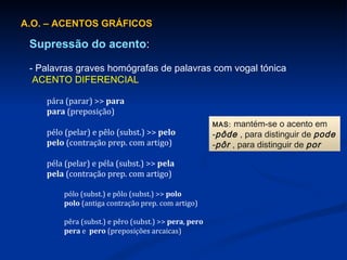 A.O. – ACENTOS GRÁFICOS Supressão do acento : - Palavras graves homógrafas de palavras com vogal tónica   ACENTO DIFERENCIAL pára (parar) >>  para para  (preposição) pélo (pelar) e pêlo (subst.) >>  pelo pelo  (contração prep. com artigo) péla (pelar) e péla (subst.) >>  pela pela  (contração prep. com artigo) pólo (subst.) e pôlo (subst.) >>  polo polo  (antiga contração prep. com artigo) pêra (subst.) e pêro (subst.) >>  pera ,  pero pera  e  pero  (preposições arcaicas) MAS:  mantém-se o acento em  pôde   , para distinguir de  pode   pôr   , para distinguir de  por   