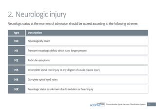 Thoracolumbar Spine Fractures Classiﬁcation System 53
2. Neurologic injury
Neurologic status at the moment of admission should be scored according to the following scheme:
Type
N0
N2
N1
N3
N4
NX
Description
Neurologically intact
Radicular symptoms
Transient neurologic deﬁcit, which is no longer present
Incomplete spinal cord injury or any degree of cauda equina injury
Complete spinal cord injury
Neurologic status is unknown due to sedation or head injury
 