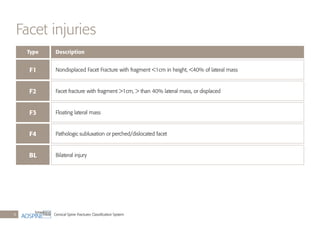 Cervical Spine Fractures Classiﬁcation System8
Facet injuries
Type
F1
F3
F2
F4
BL
Description
Nondisplaced Facet Fracture with fragment <1cm in height, <40% of lateral mass
Floating lateral mass
Facet fracture with fragment >1cm, > than 40% lateral mass, or displaced
Pathologic subluxation or perched/dislocated facet
Bilateral injury
 