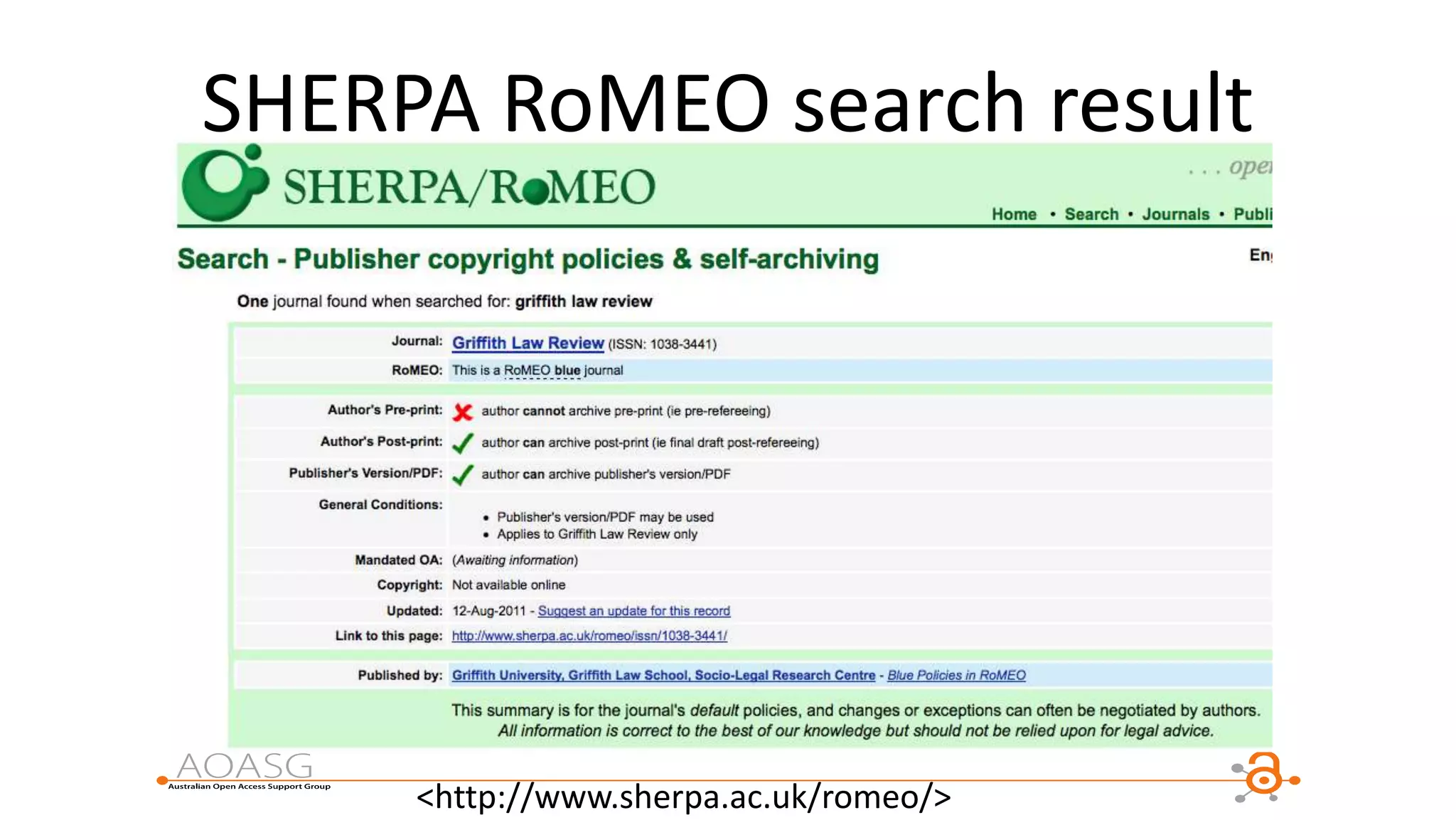 SHERPA RoMEO search result
<http://www.sherpa.ac.uk/romeo/>
 