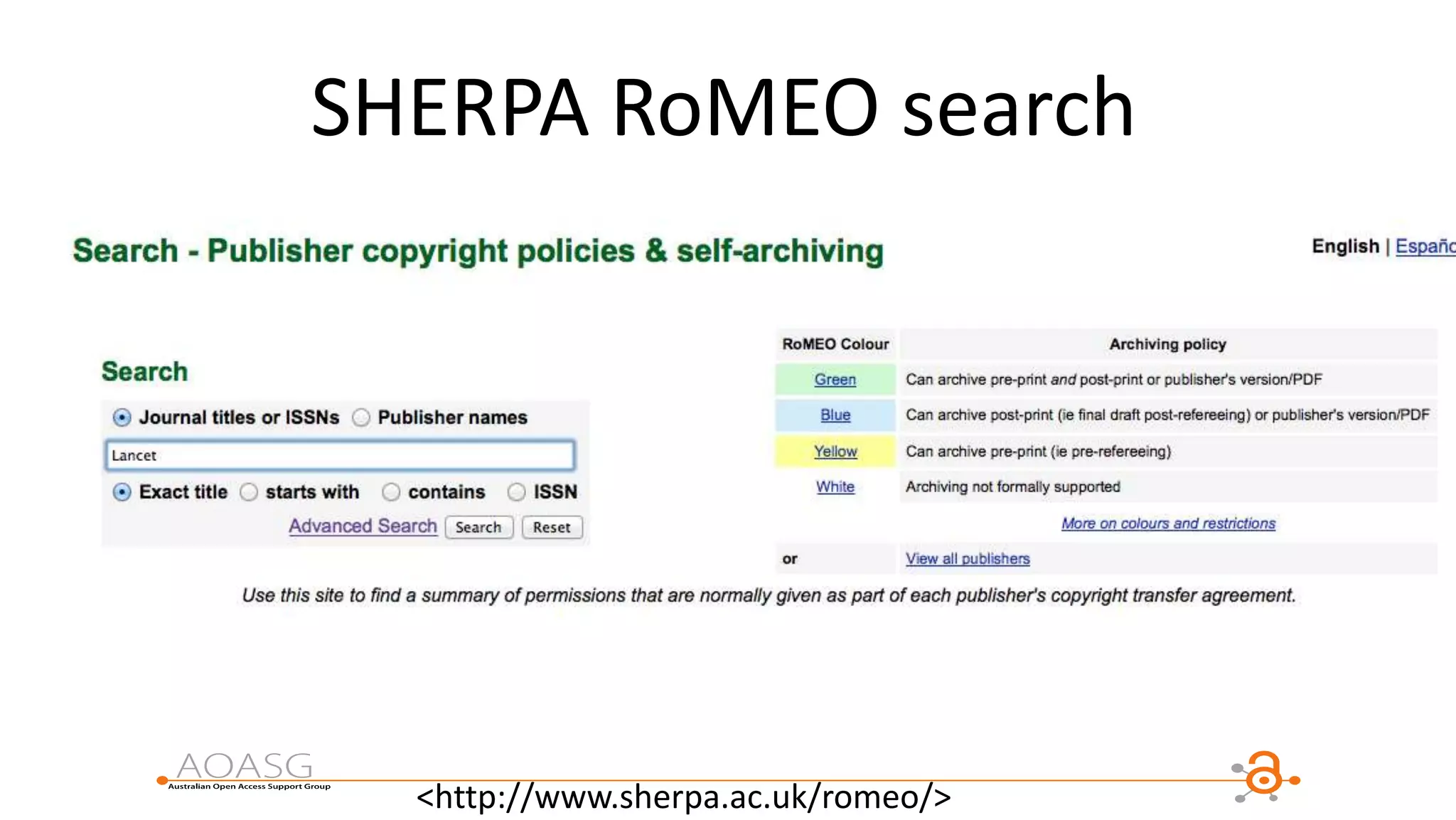 SHERPA RoMEO search
<http://www.sherpa.ac.uk/romeo/>
 